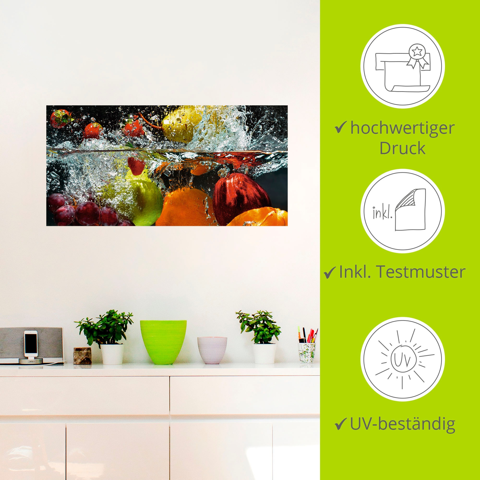 Artland Wandbild »Spritzendes Obst auf dem Wasser«, Lebensmittel, (1 St.), als Leinwandbild, Wandaufkleber in verschied. Größen