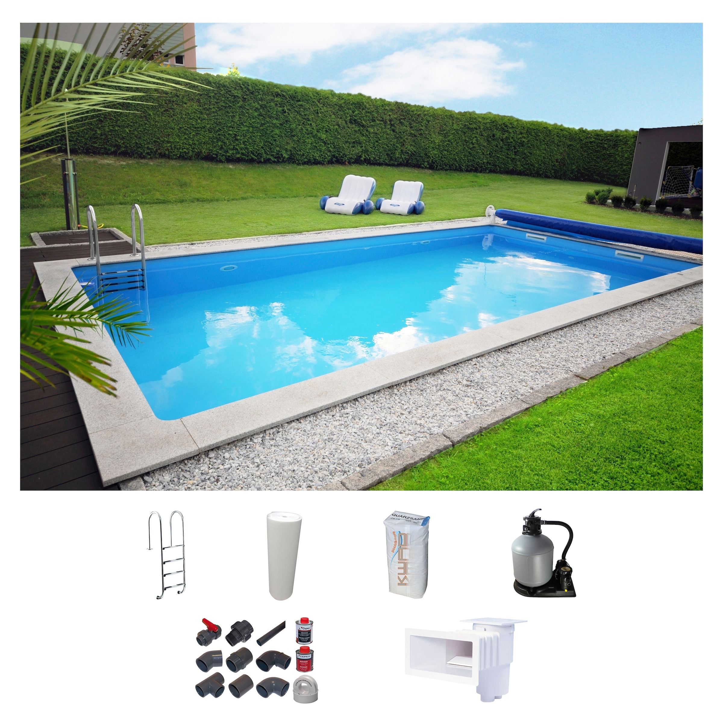 KWAD Rechteckpool "mit Edelstahlleiter", (Set), 8x4, 7x3,5 oder 6x3m Höhe: 1,50m, mit Foliensack 0,6mm