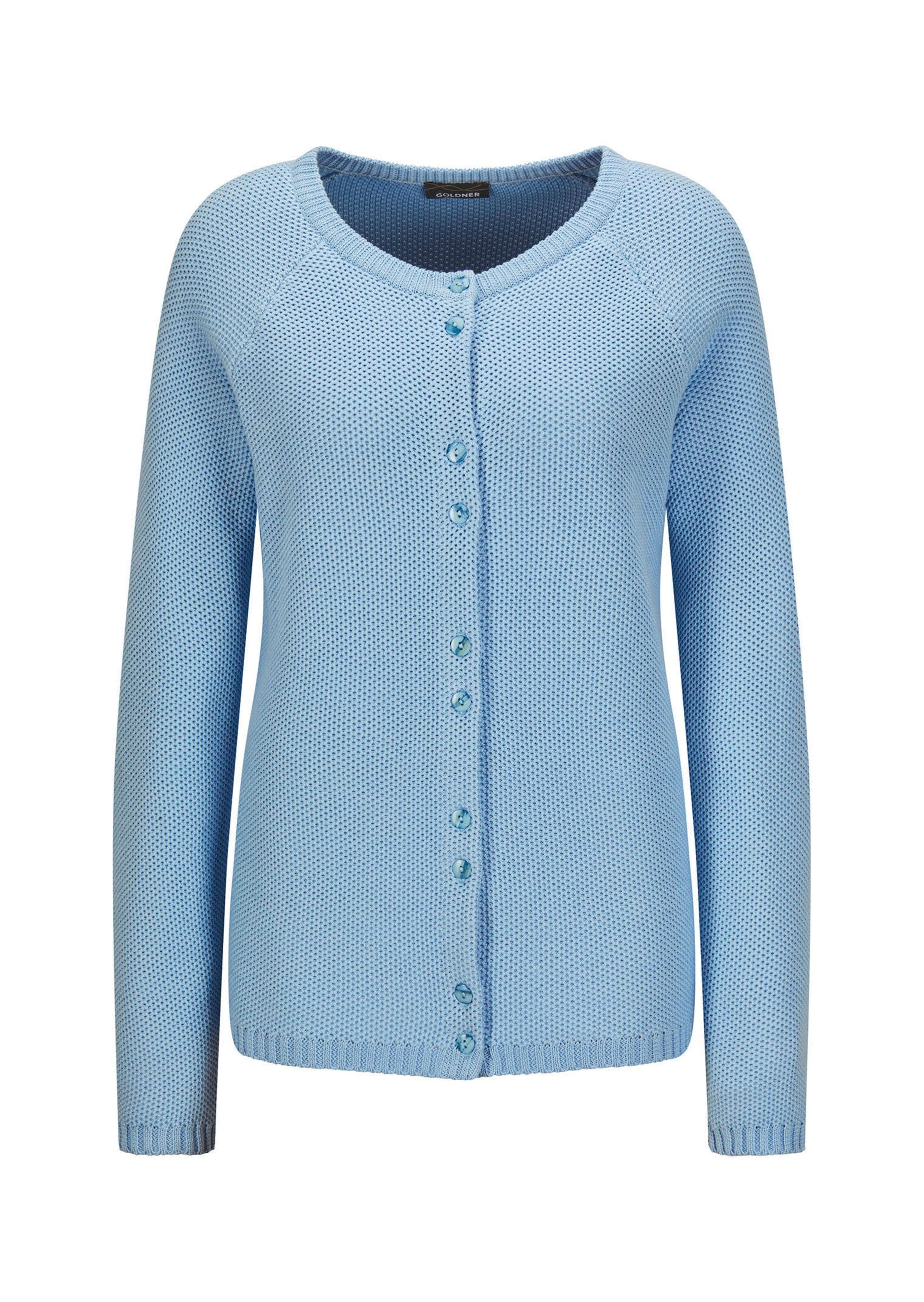 Strickjacke GOLDNER "Cardigan aus Baumwolle, Rundhals", Damen, Gr. 44, blau (hellblau), Obermaterial: 100% Baumwolle CO., Modisch, Strickjacken Strickjacke, Piqué-Optik