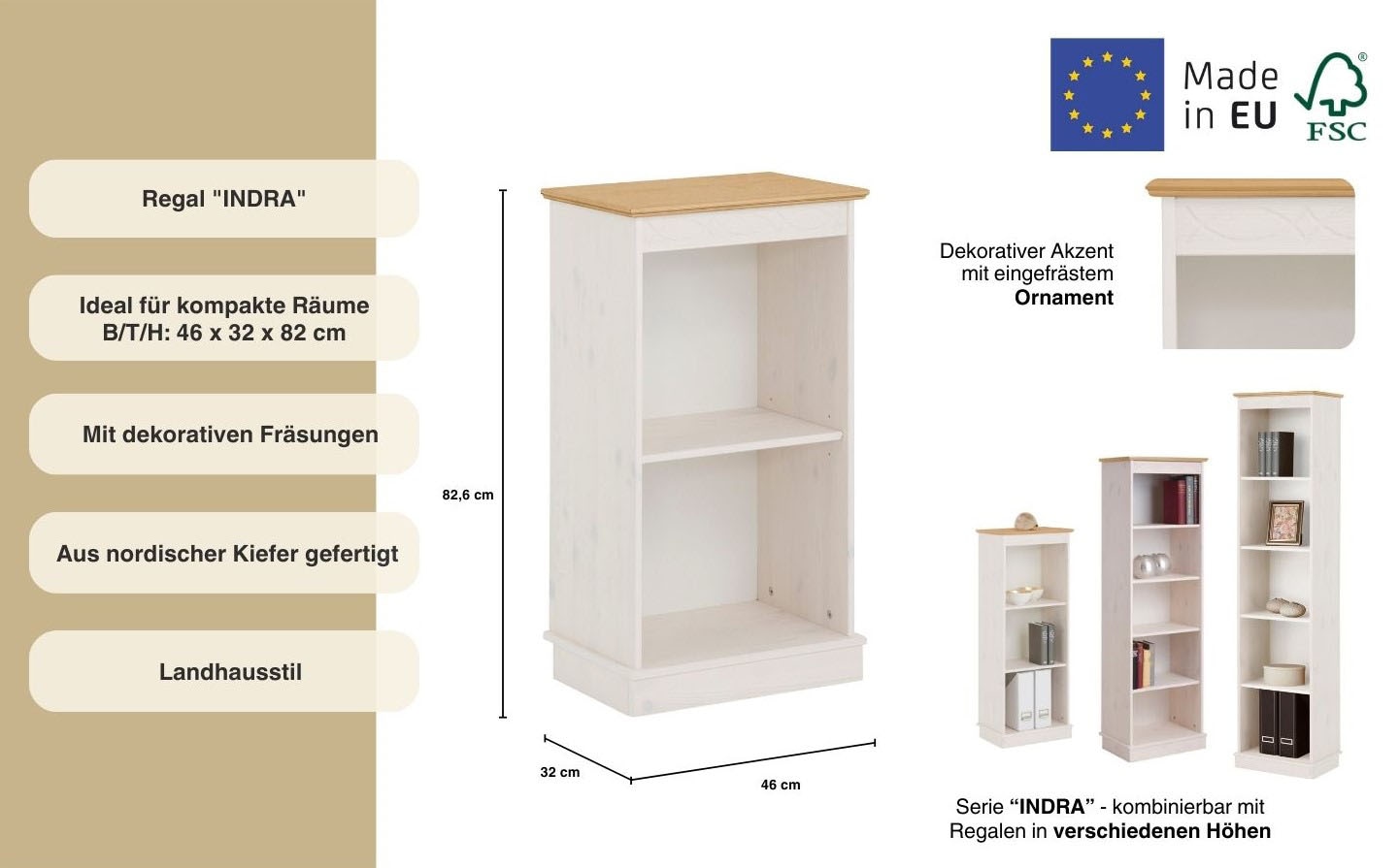 Home affaire Bücherregal »Indra«, aus massiver Kiefer, in verscheidenen Höhen, mit FSC®®
