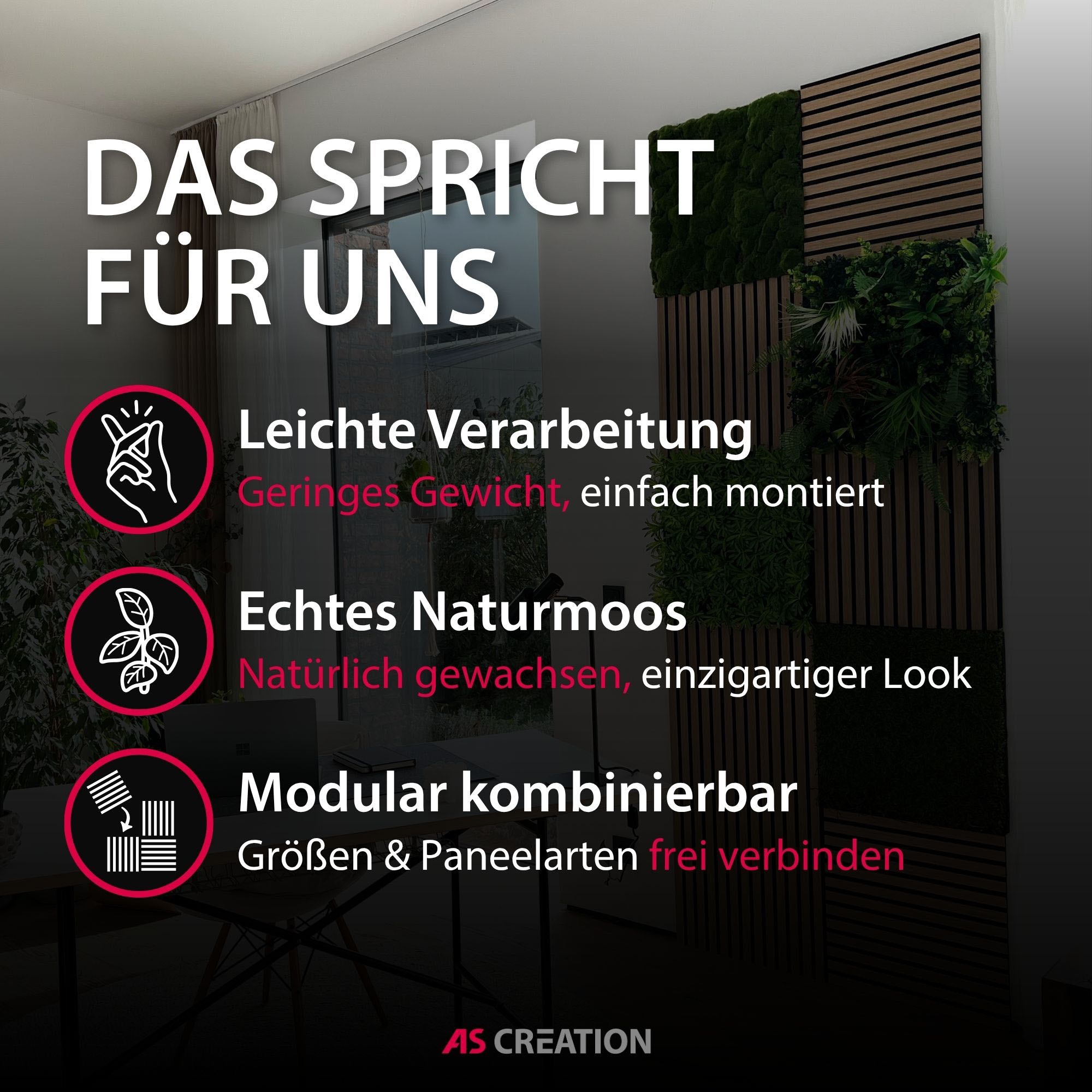 Architects Paper Wandpaneel »A.S. Création Modular Wall Wandpaneel Naturmoos« 1 tlg. Konserviertes Naturmoos auf rPET-Filz – pflegeleicht ohne Gießen