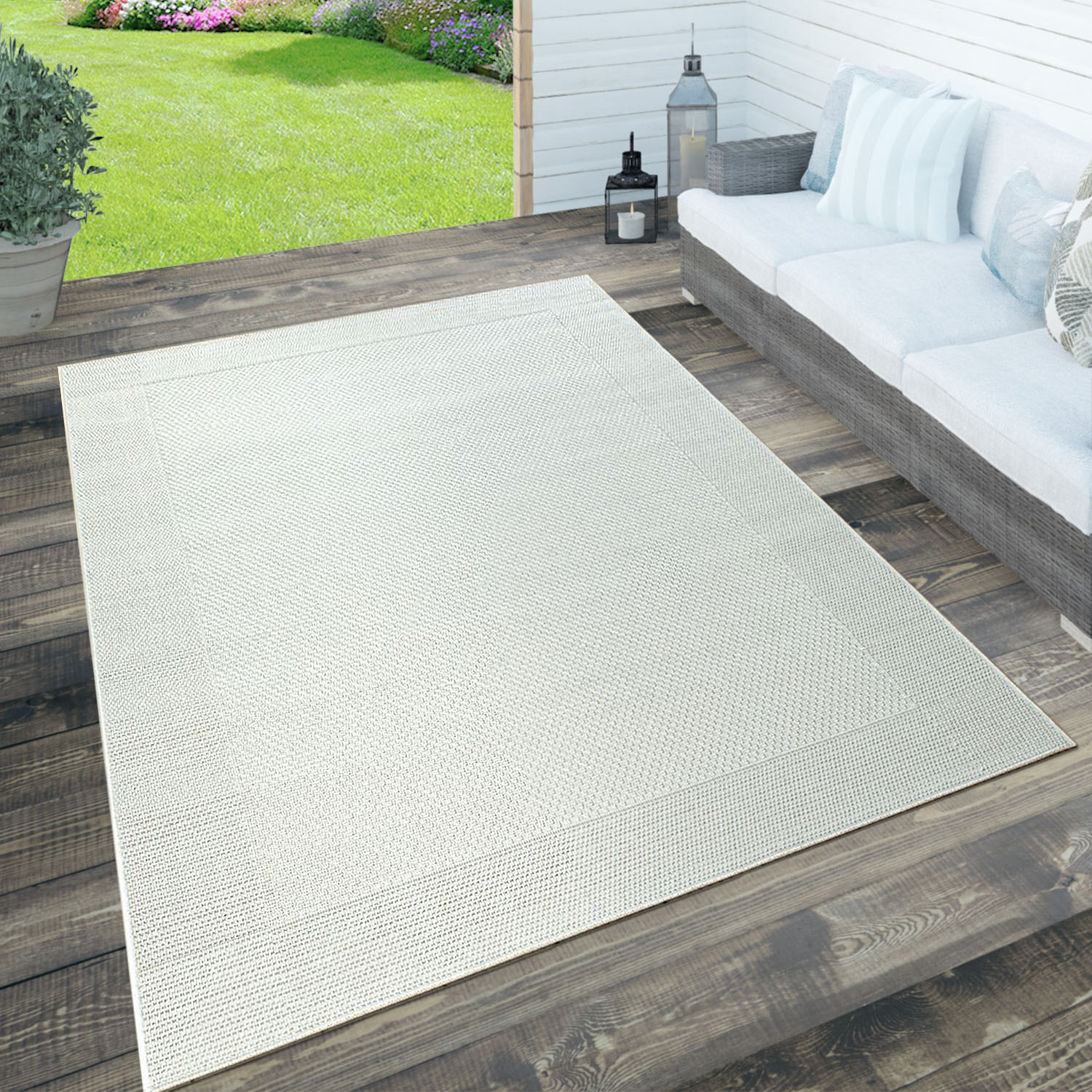 Paco Home Teppich "Waregem 621" rechteckig 4 mm Höhe Flachgewebe, meliert, mit Bordüre, Outdoor geeignet, Wohnzimmer