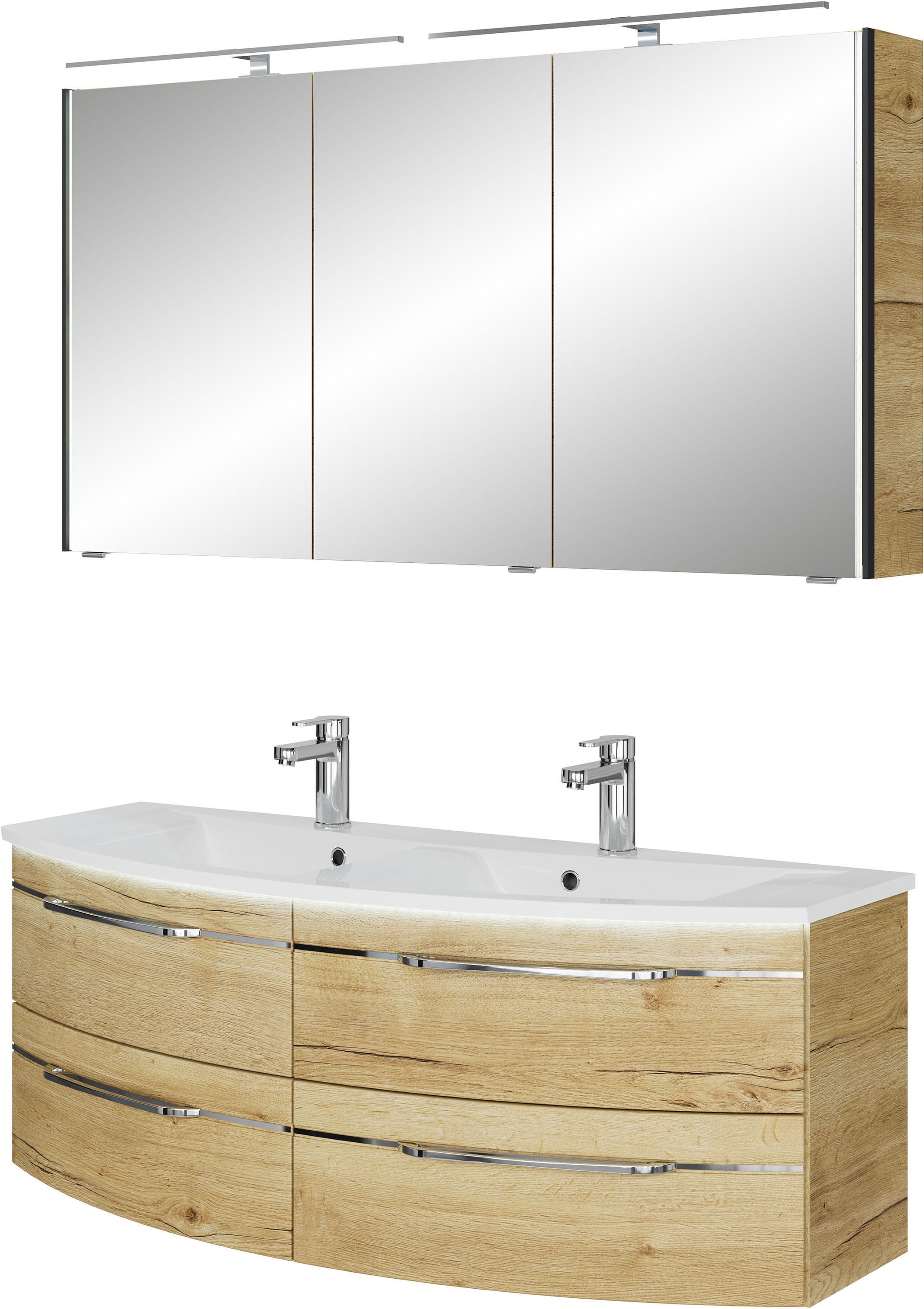 Saphir Badmöbel-Set »Badezimmer-Set 133,2 cm breit, inkl. Türdämpfer, 3 Türen, 4 Schubladen«, (Set, 2 St.), Serie 7045 2-teilig Mineralmarmor-Doppelwaschtisch, LED-Spiegelschrank