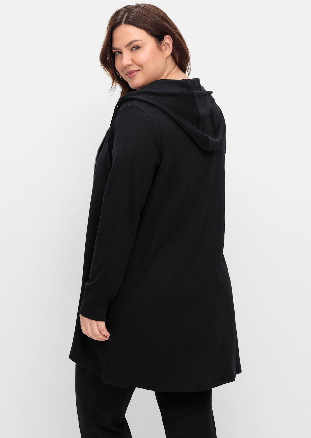 Shirtjacke SHEEGO "Sweatjacke", Damen, Gr. 44/46, schwarz, 50% Baumwolle, 50% Modal, unifarben, Shirts Shirtjacke 2