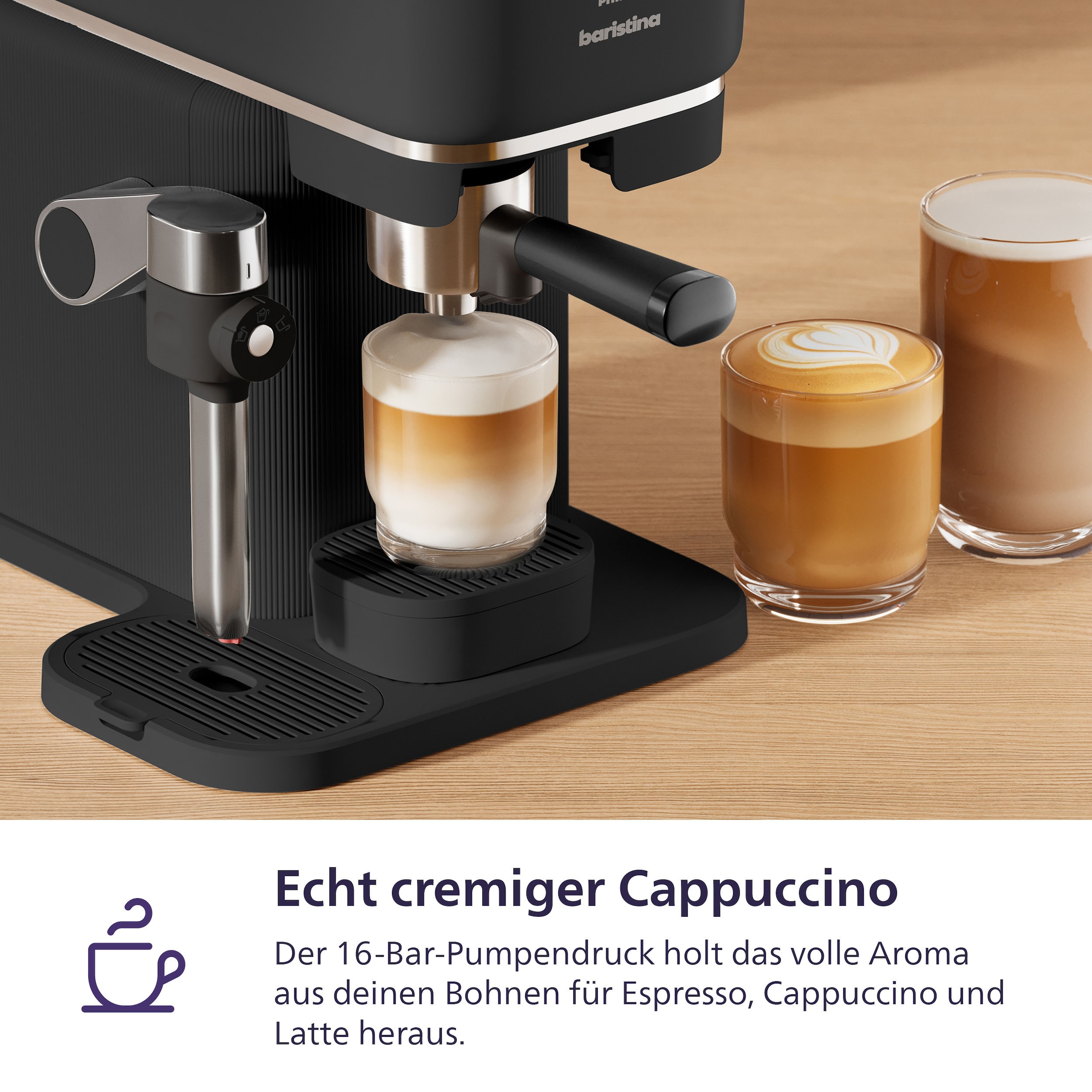 PHILIPS baristina Espressomaschine »Latte BAR400/60 mit Mahlwerk für ganze Bohnen und Milchschaumdüse« 3 Schaumarten, 16 bar Pumpendruck, Schwarzgrau​