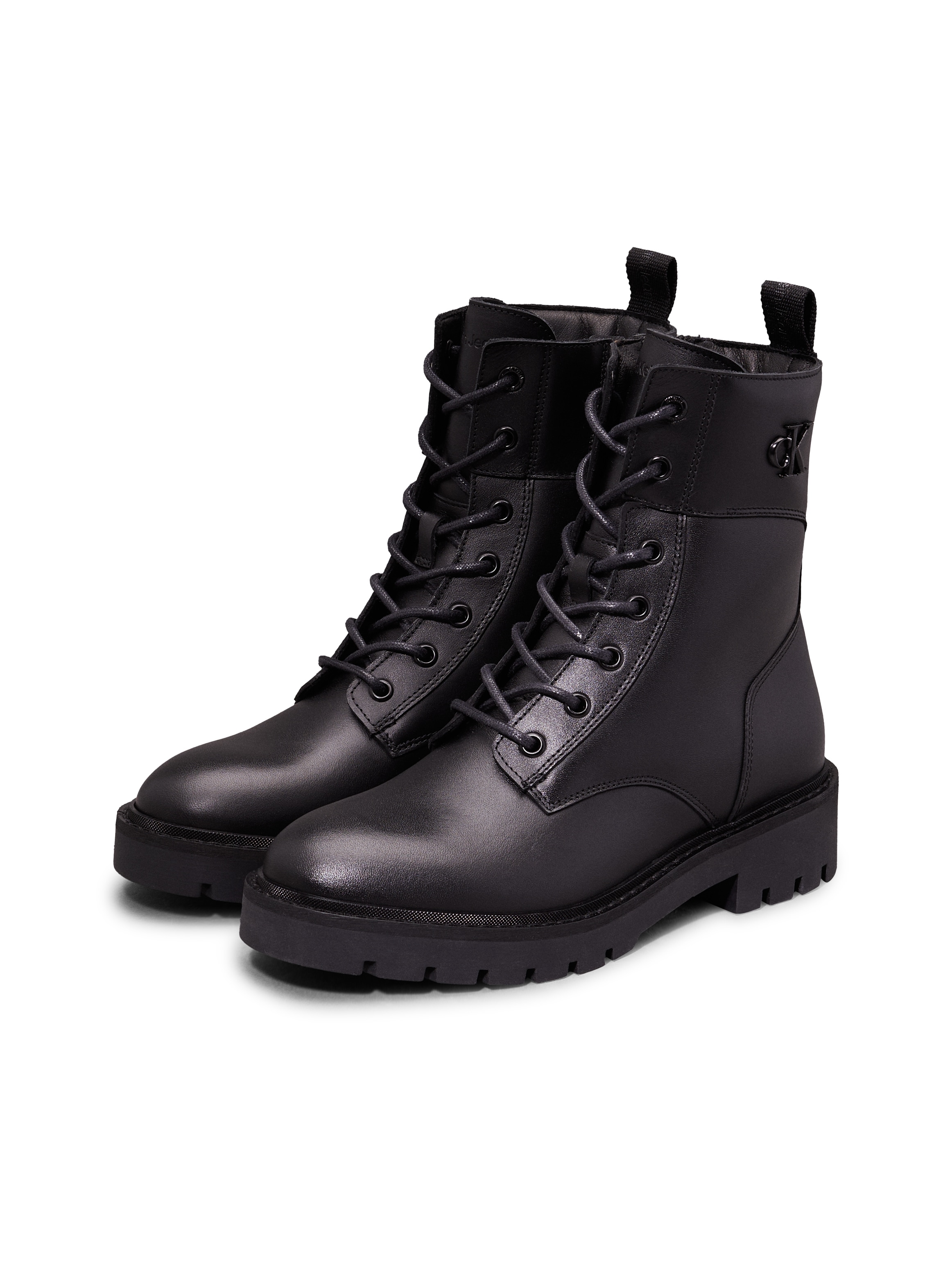 Calvin Klein Jeans Schnürboots "COMBAT BOOT MID ZIP LTH IN CALF", Blockabsatz, Schnürstiefelette mit seitlichem CK-Schmu