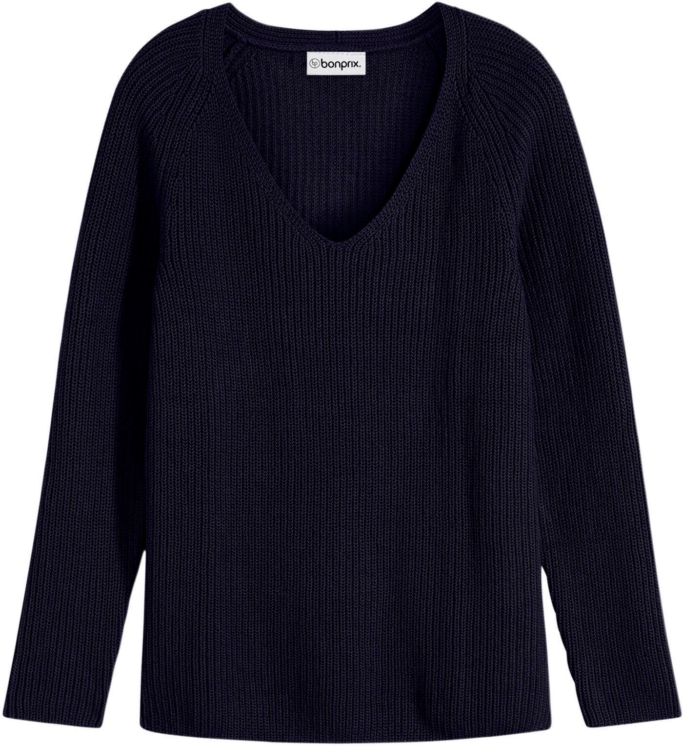 bonprix Strickpullover »Gerippter Pullover aus reiner Baumwolle« aus reiner Baumwolle, mit V-Ausschnitt, unifarben, lässige Passform