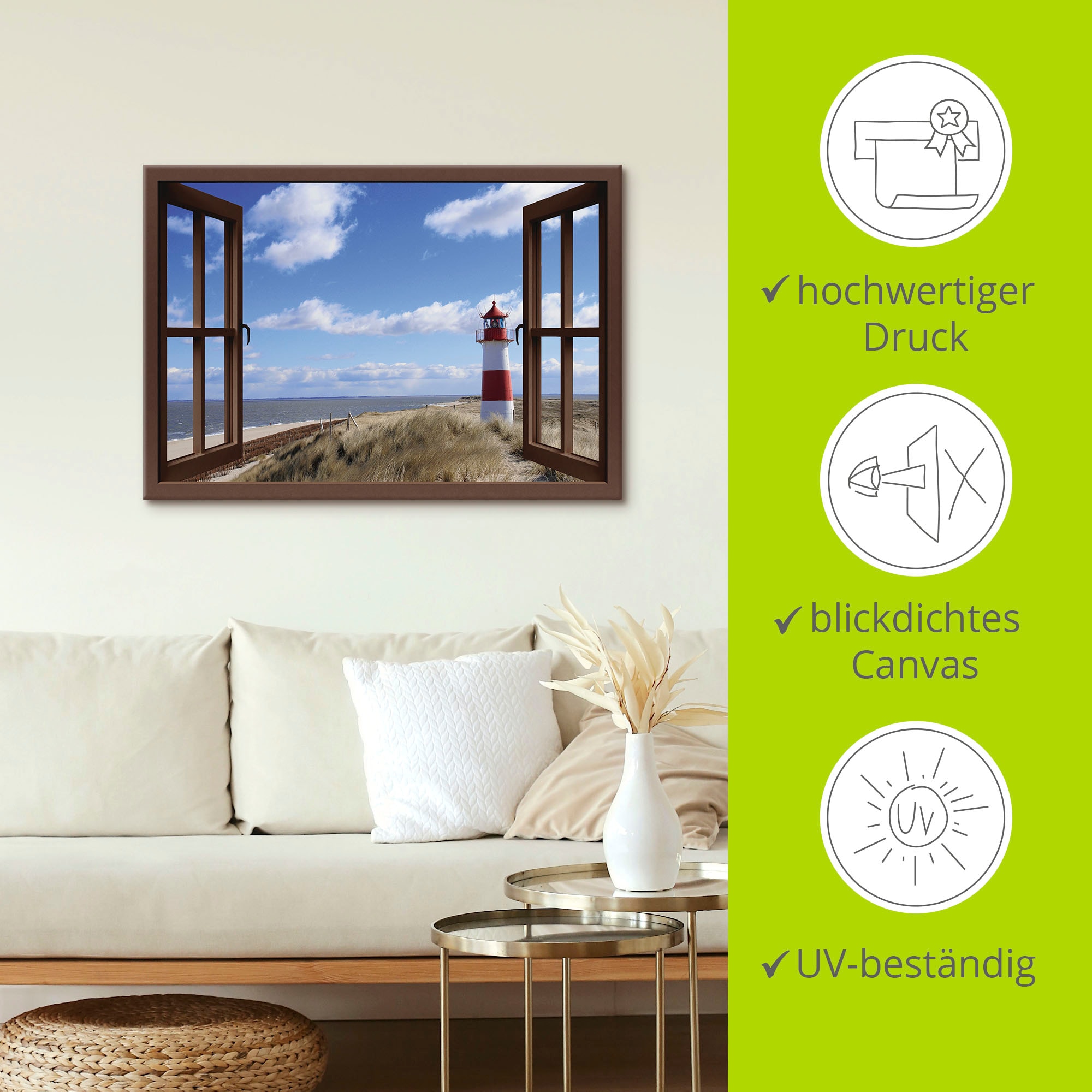 Artland Wandbild »Fensterblick - Leuchtturm Sylt«, Fensterblick, (1 St.), als Leinwandbild, Poster in verschied. Größen