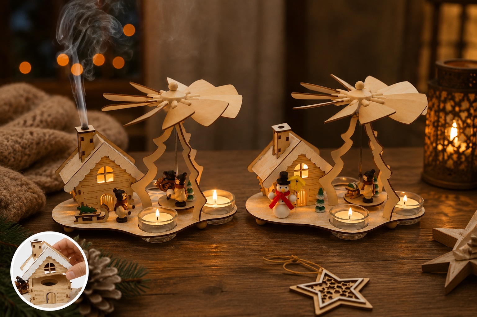 OTTO home Weihnachtsszene »Pyramide und Räucherhaus für Teelichter, 2er-Set« 6-Stunden Timer, gratis Holzanhänger, Höhe 16 cm