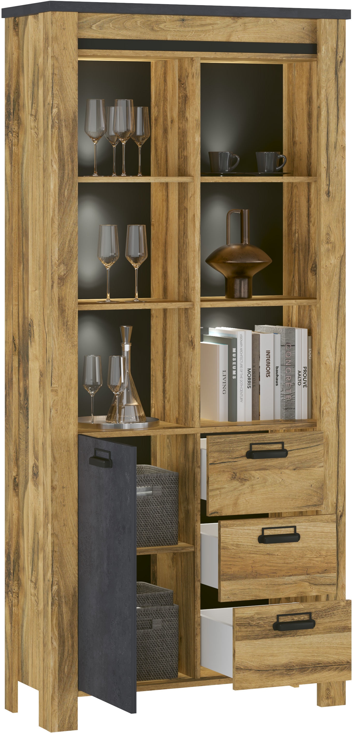 Home affaire Vitrine »York, moderner Hochschrank, Schrank in Hunton Oak Dekor«, mit Apothekergriffen aus Metall, Industrialdesign, 200 cm hoch