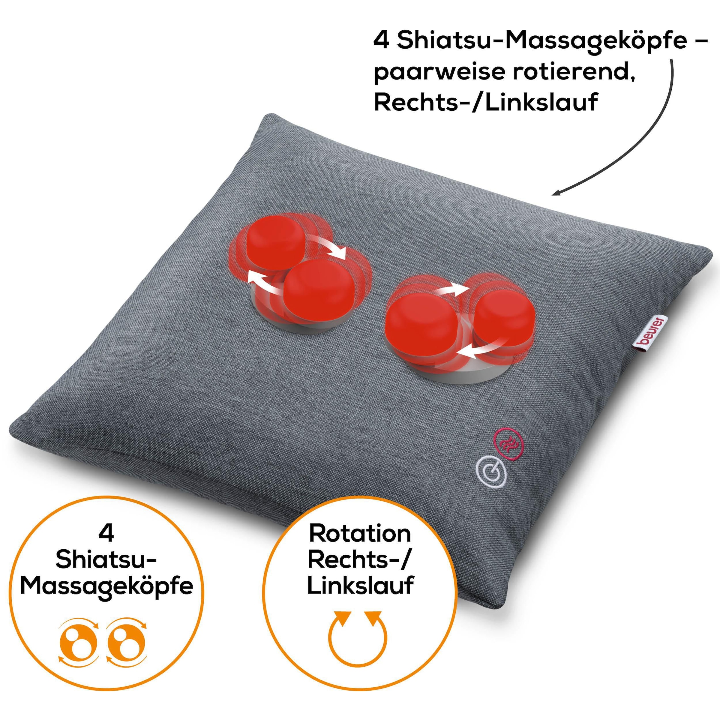 BEURER Massagekissen »Beurer MG 135 Shiatsu-Kissen mit zuschaltbarer Wärmefunktion«, Mit 4 Massageköpfen für eine entspannende Massage