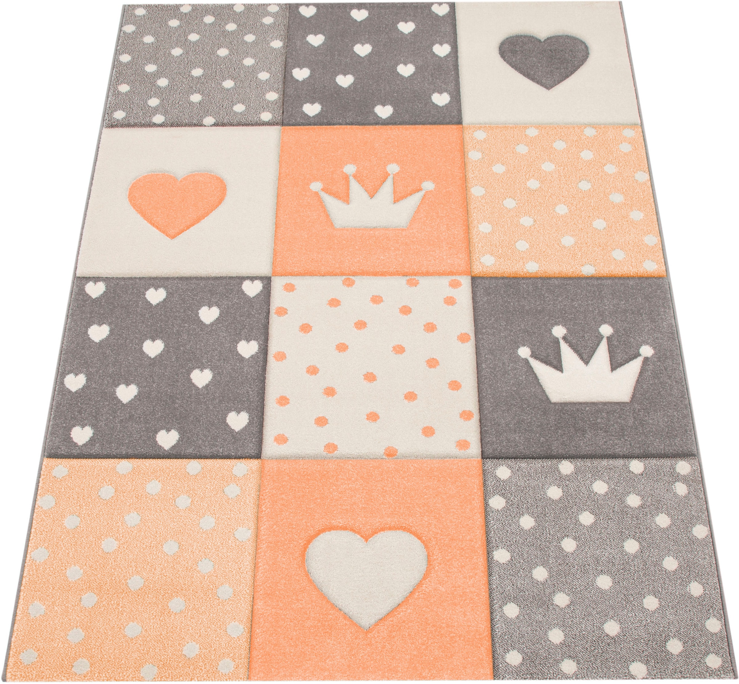 Paco Home Kinderteppich »Cosmo 339«, rechteckig, 16 mm Höhe, Kurzflor, Pastell-Farben, 3D-Effekt, Motiv Herz, Punkte & Krone