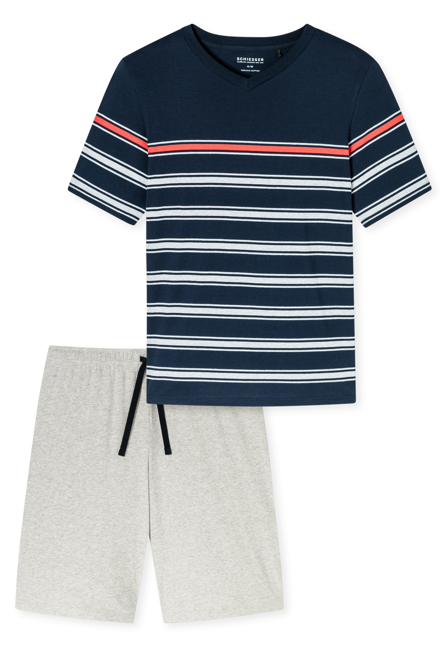 Schiesser Shorty »"Casual Nightwear"«, (2 tlg.), Shirt mit V-Ausschnitt und platzierten Ringeln