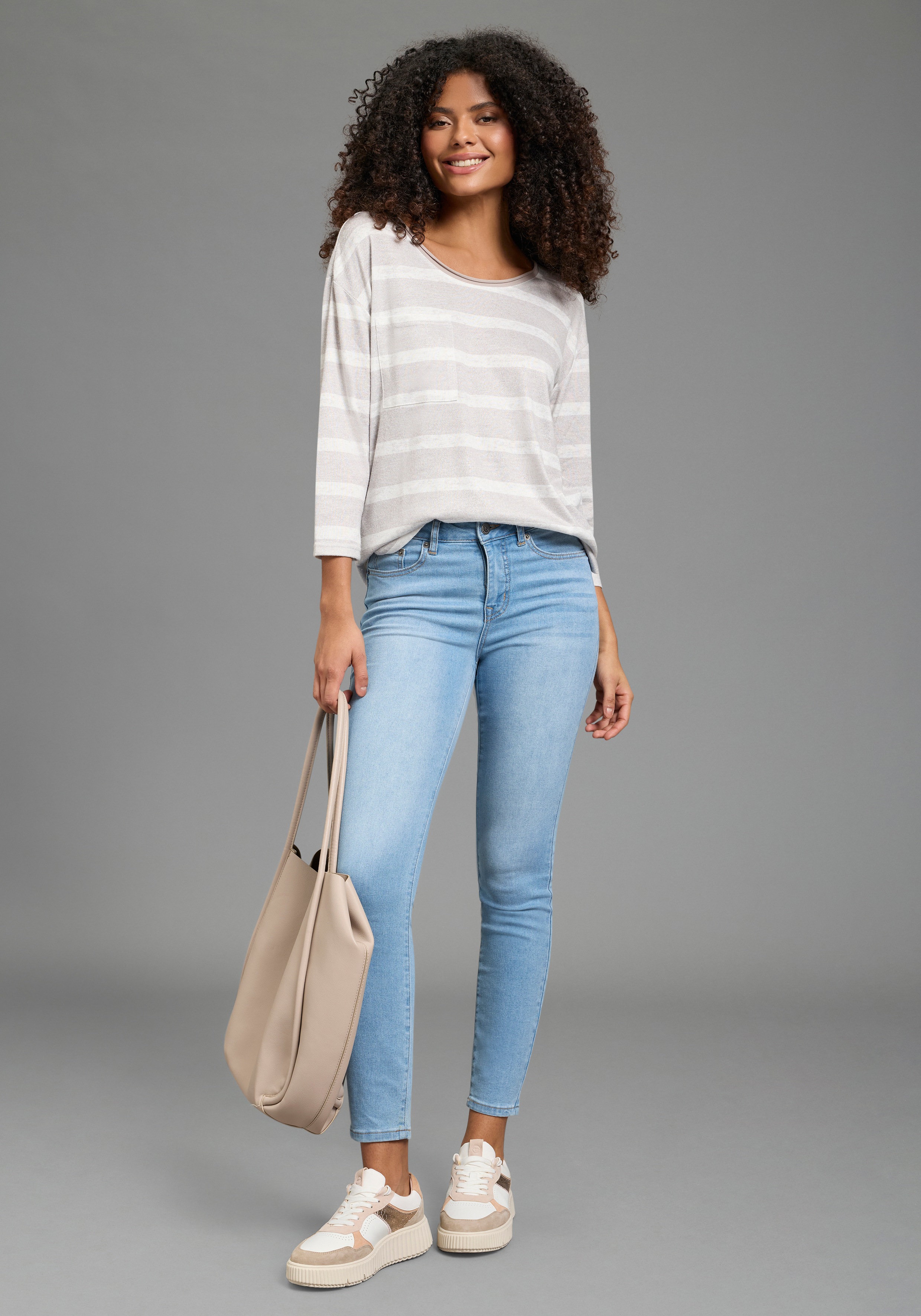 Thumbnail - Laura Scott Streifenpullover leichter Übergangspullover mit seitlichem Schlitz und Tasche