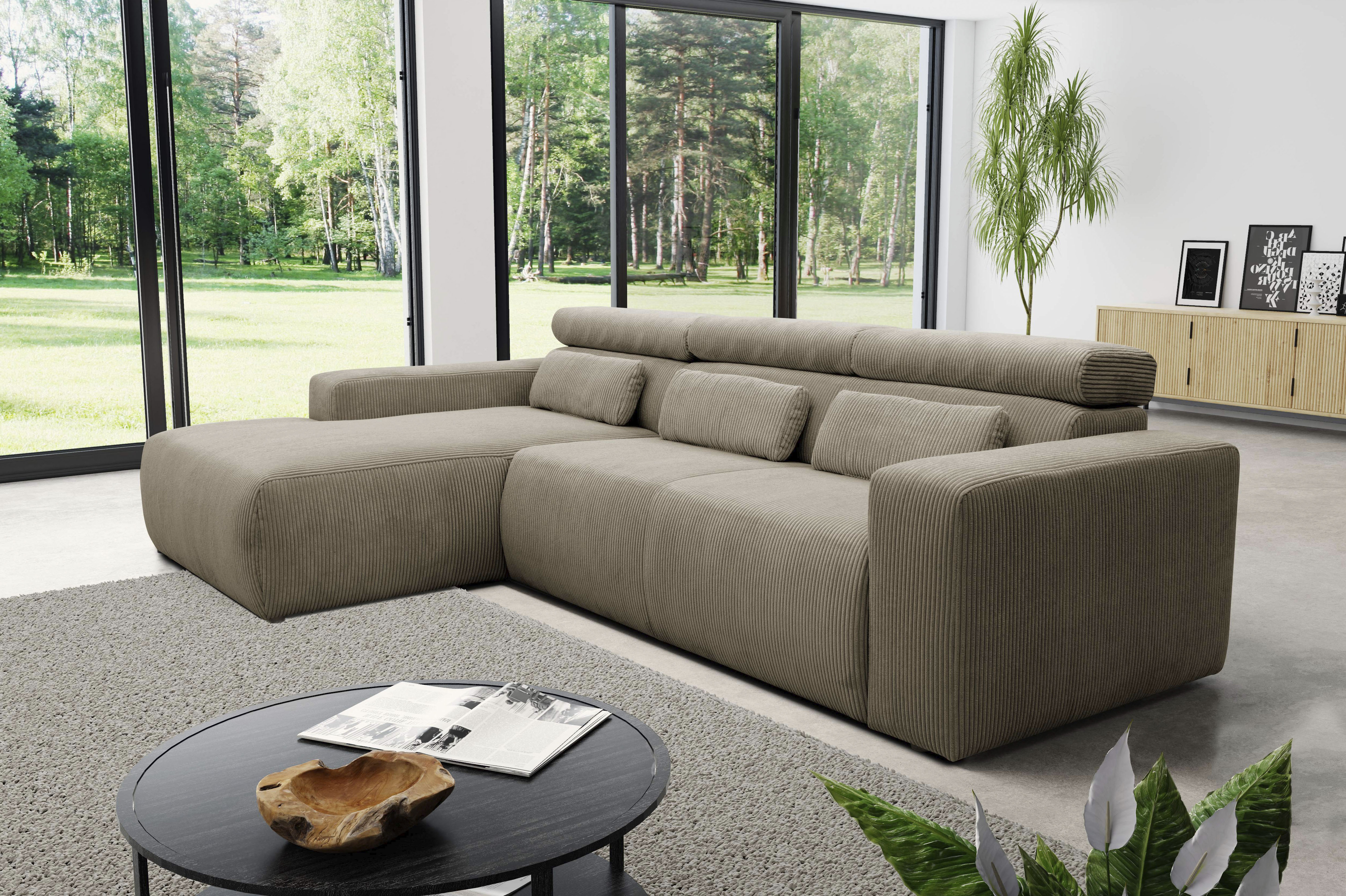 DOMO collection Ecksofa "BRANDON 289x177 cm, belastbar bis 140 kg/Sitz, L-Form" ohne Sitztiefenverstellung, Cord, schlamm