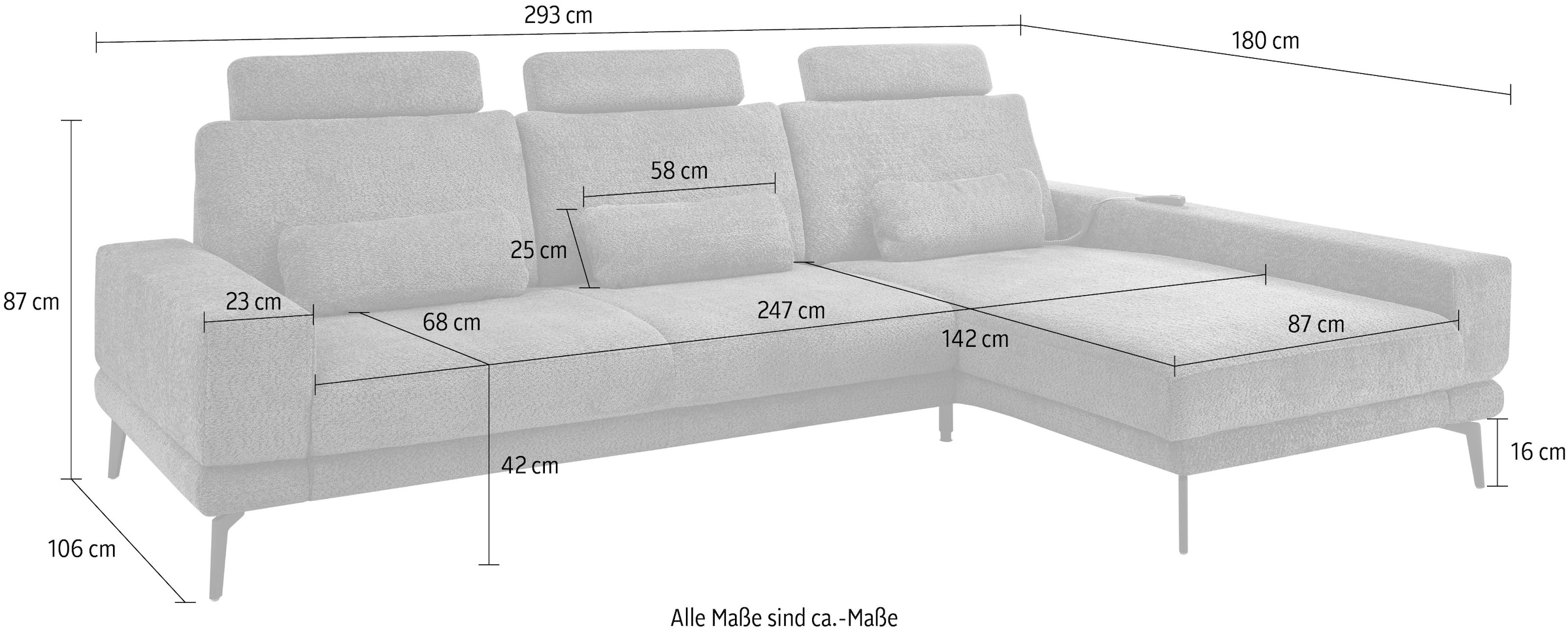 set one by Musterring Ecksofa »SO 3600, inkl motor. Sitztiefenverstellung, Kopfstützen, Nierenkissen«, Sitzhöhe 42 cm, Kaltschaum, Breite 293 x Tiefe 180 cm, Kama sand