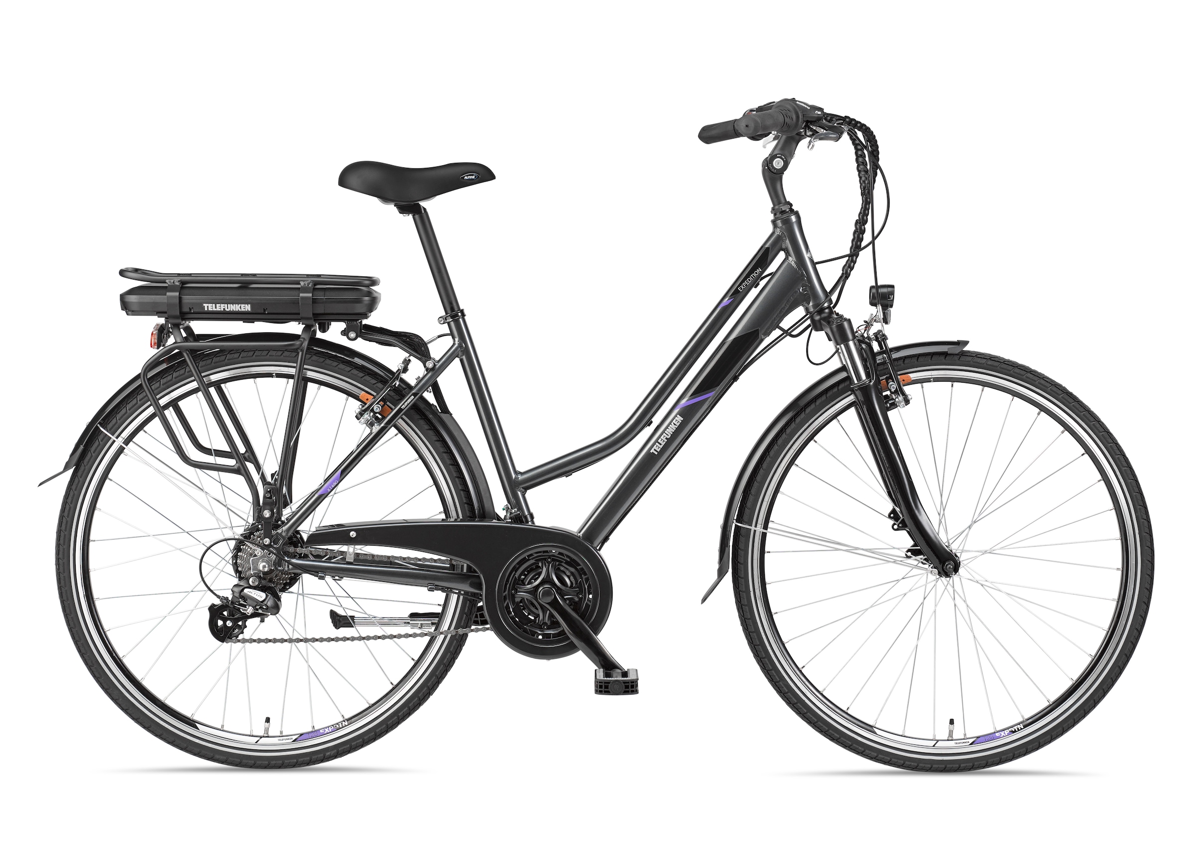 Telefunken E-Bike »Expedition XT480«, 21 Gang, Shimano, Heckmotor 250 W, (mit Fahrradtasche), Pedelec, Elektrofahrrad für Damen
