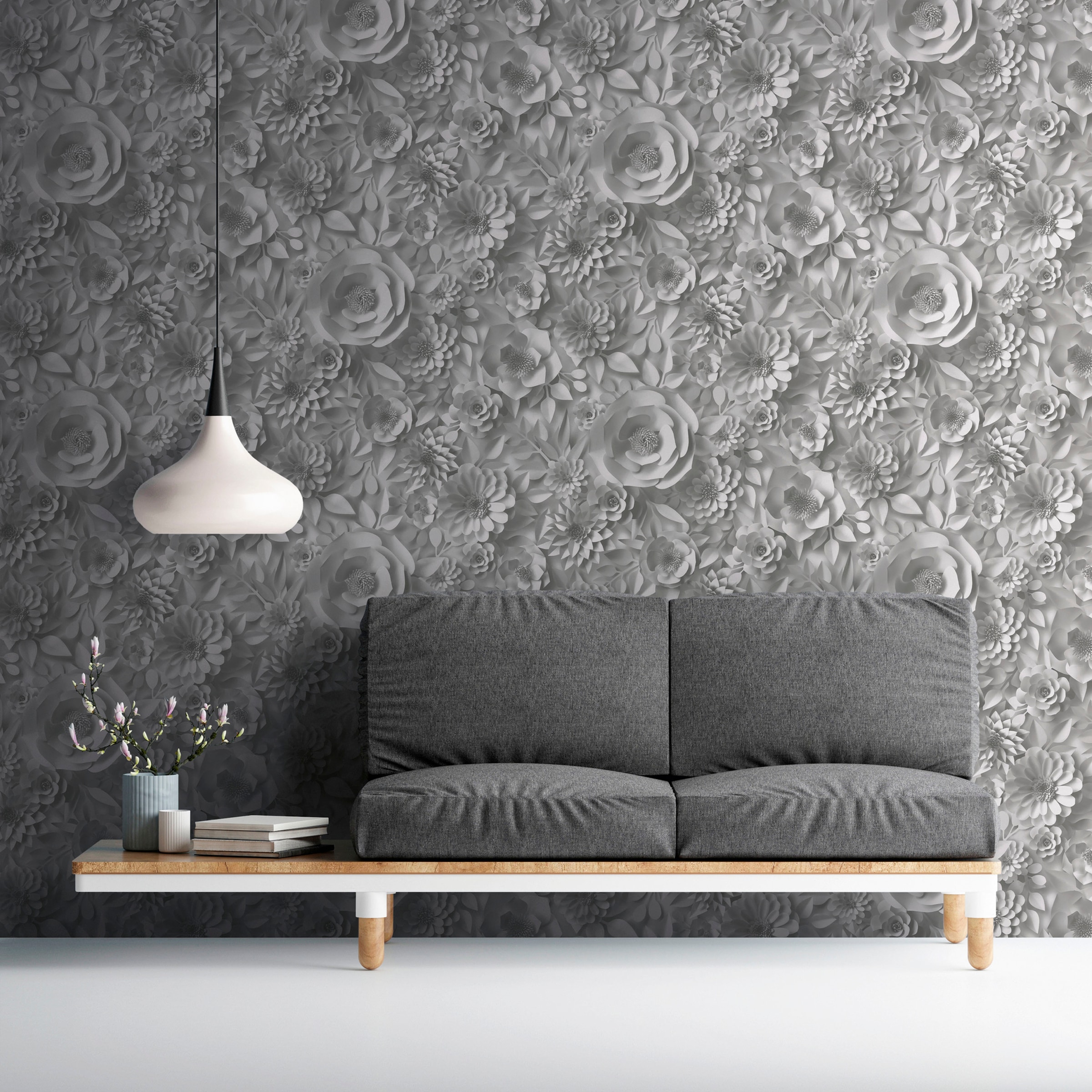 A.S. Création Vliestapete »PintWalls Blumen 3D Optik«, matt-gemustert-neutral, Blumenwand Tapeten Wohnzimmer Schlafzimmer Küche modern Flur Design