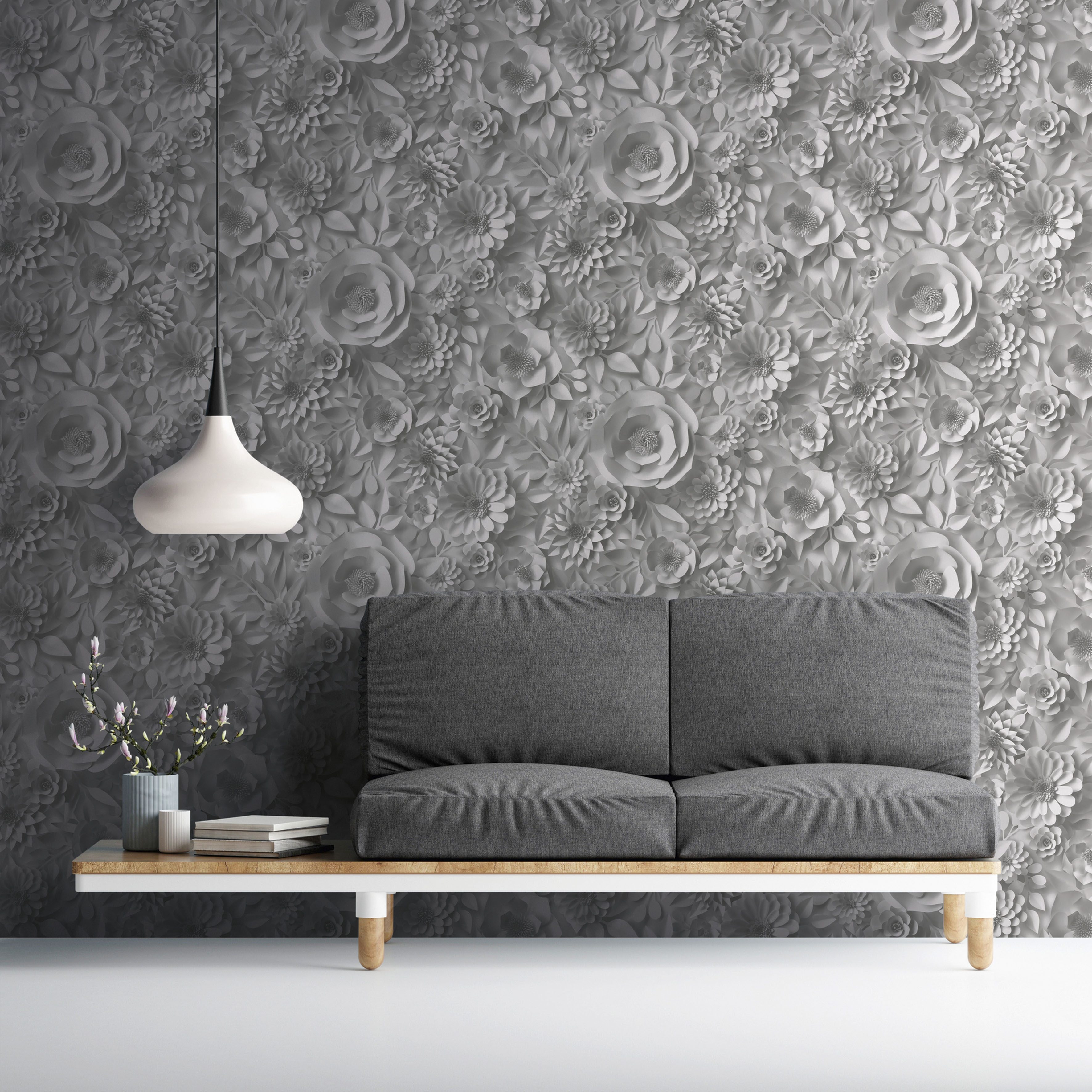 A.S. Création Vliestapete "PintWalls Blumen 3D Optik" gemustert matt neutral glatt Blumenwand Tapeten Wohnzimmer Schlafzimmer Küche modern Flur Design