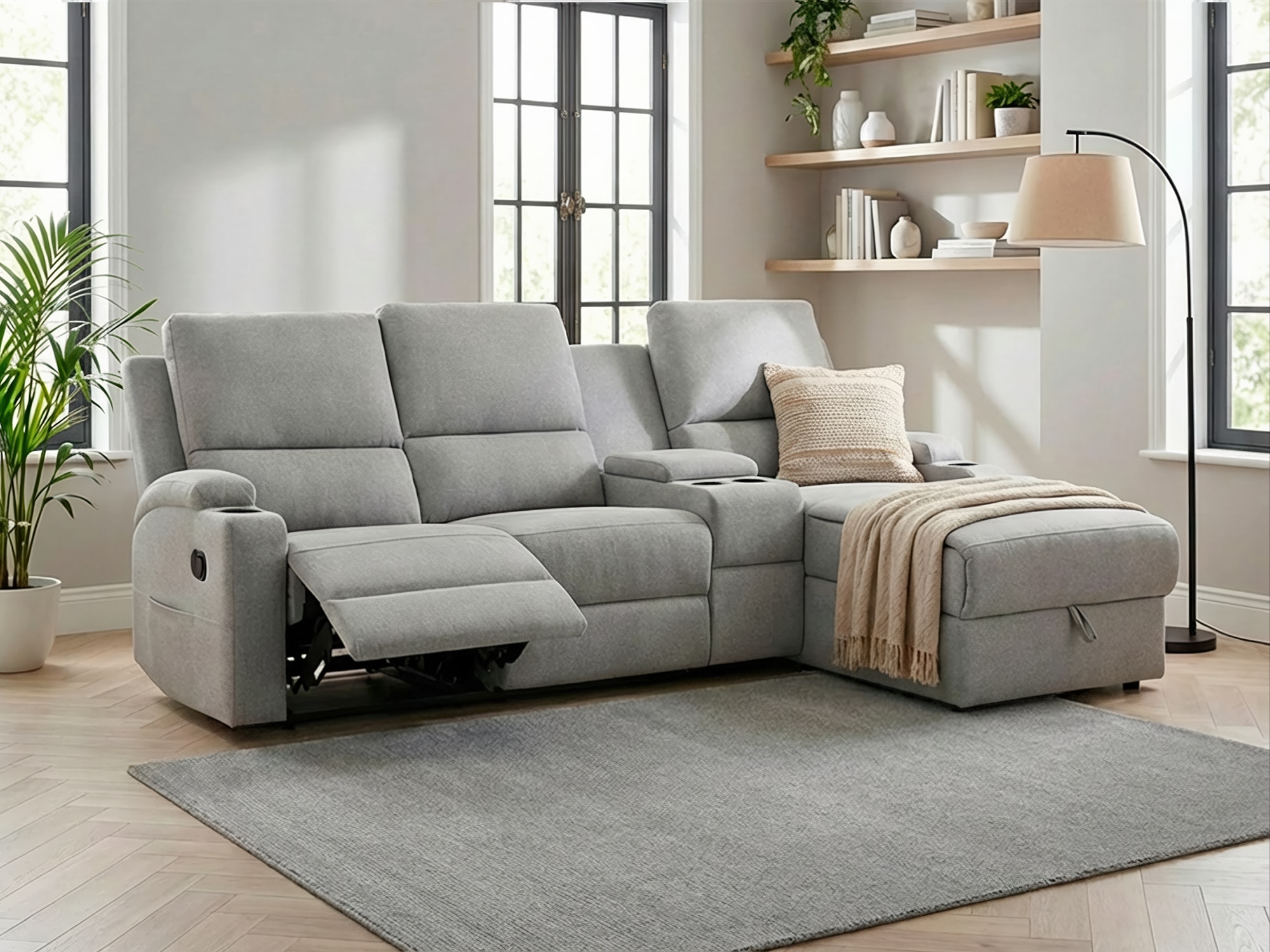 OTTO home Ecksofa "NAPORI Struktur, Multimediasofa, 3er Kinosessel XXL, L-Form" Kinosofa, manuelle o. elektr. Relaxfunktion, Staufach, Getränkehalter