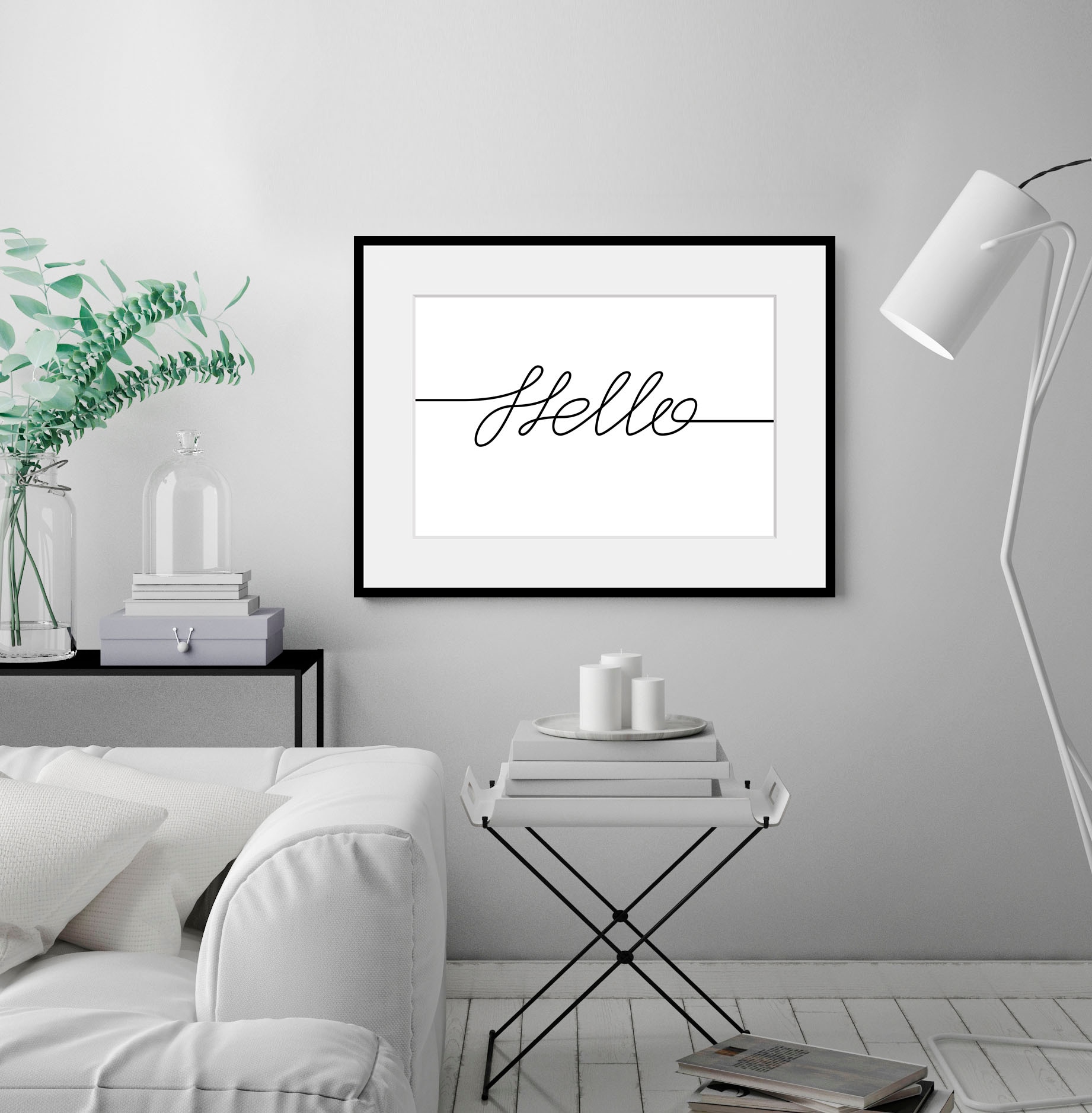 queence Bild »Hello«, Schriftzug-Schriftzüge-Sprüche & Texte-Schwarz-Weiß, (1 St.), HD Premium Poster-Druck inkl. Holzrahmen