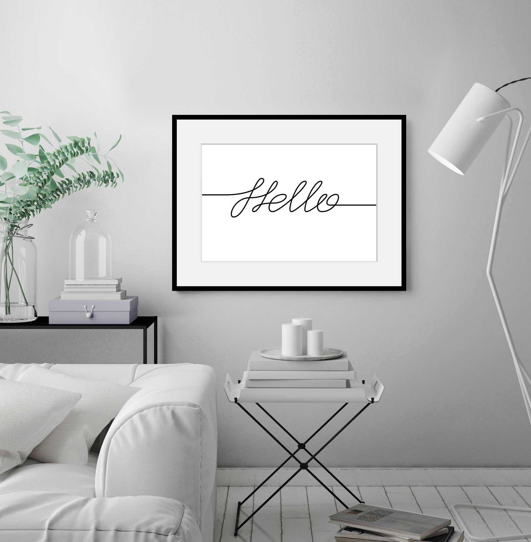 queence Bild "Hello" Schriftzug Schriftzüge Schwarz-Weiß Sprüche & Texte 1 Stk. tlg. HD Premium Poster-Druck inkl. Holzrahmen