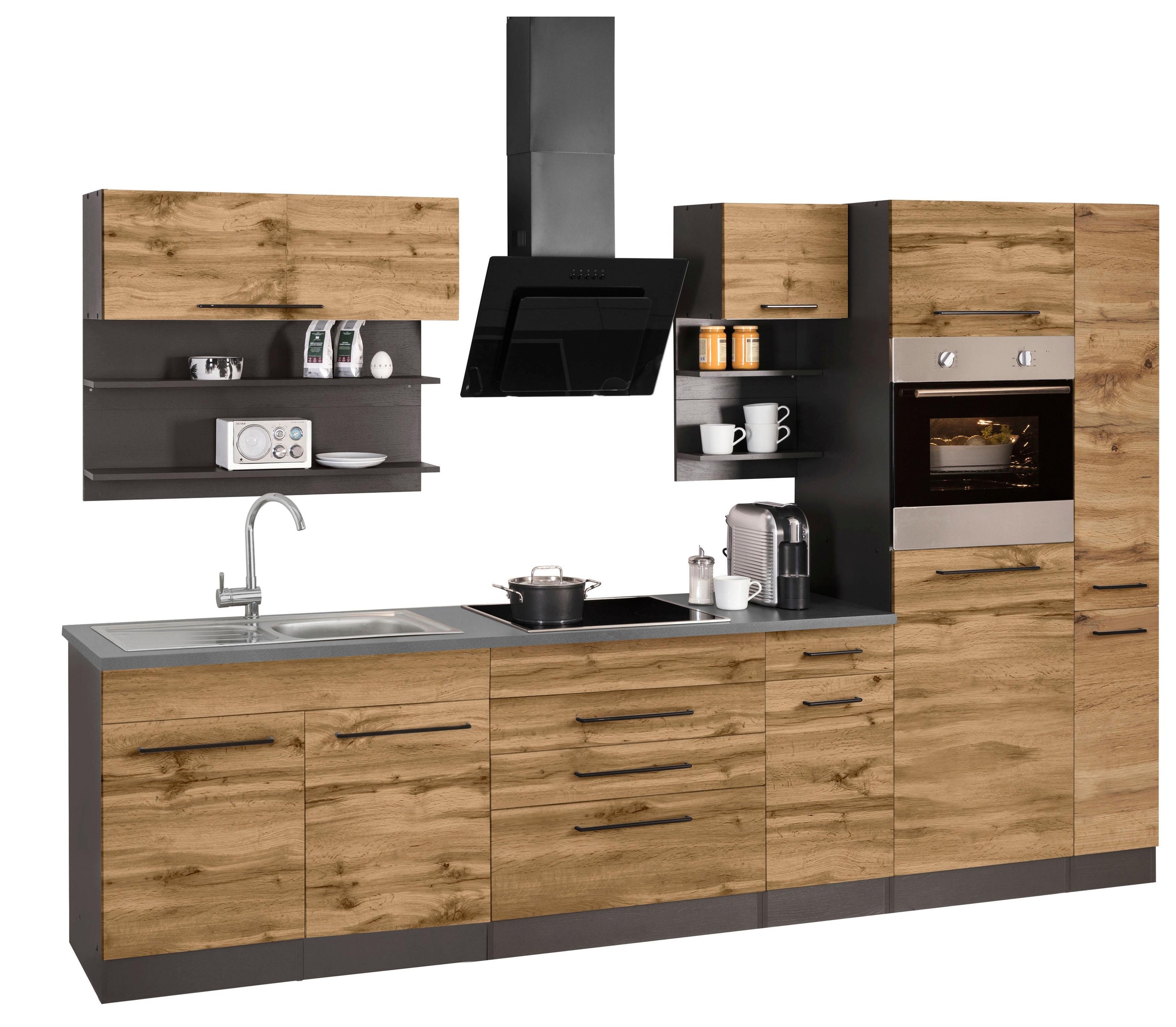 Thumbnail - KOCHSTATION Küchenzeile "KS-Tulsa", ohne E-Geräte, Breite 320 cm, schwarze Metallgriffe, MDF Fronten