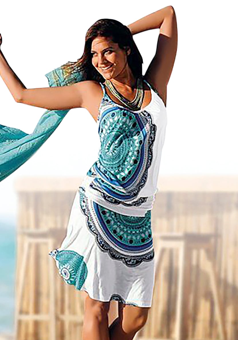 Beachtime by Lascana Strandkleid "aus Viskosejersey mit verstellbaren Trägern und Alloverdruck" Ohne Taschen Kurzes Sommerkleid, luftiges Jerseykleid, Spaghettikleid, Festival