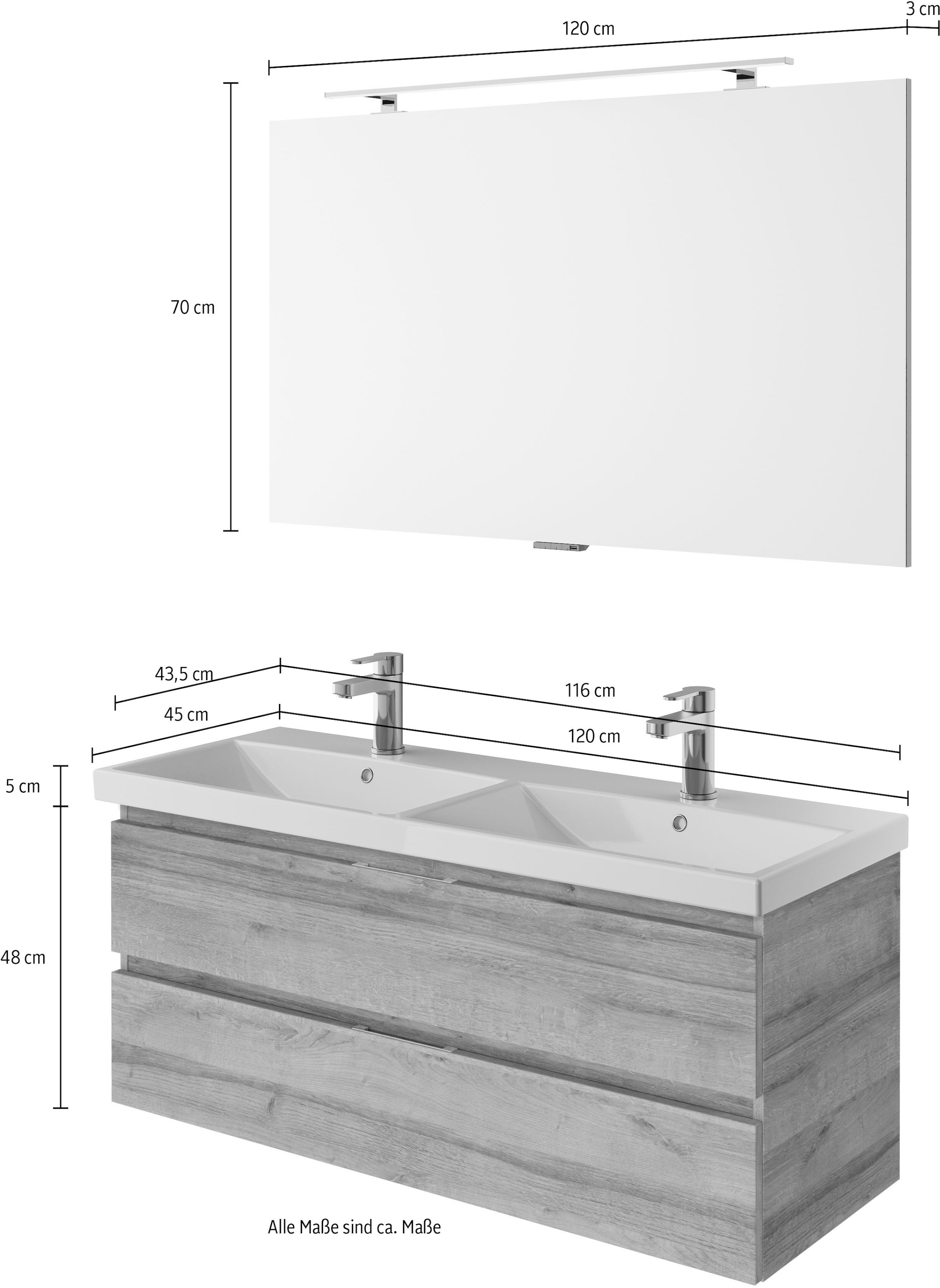Saphir Badmöbel-Set »Serie 4035 2-teilig, Keramik-Doppelwaschtisch mit LED-Spiegel«, (Set), Doppel-Waschplatz inkl Türdämpfer, 120 cm breit, 2 Schubladen