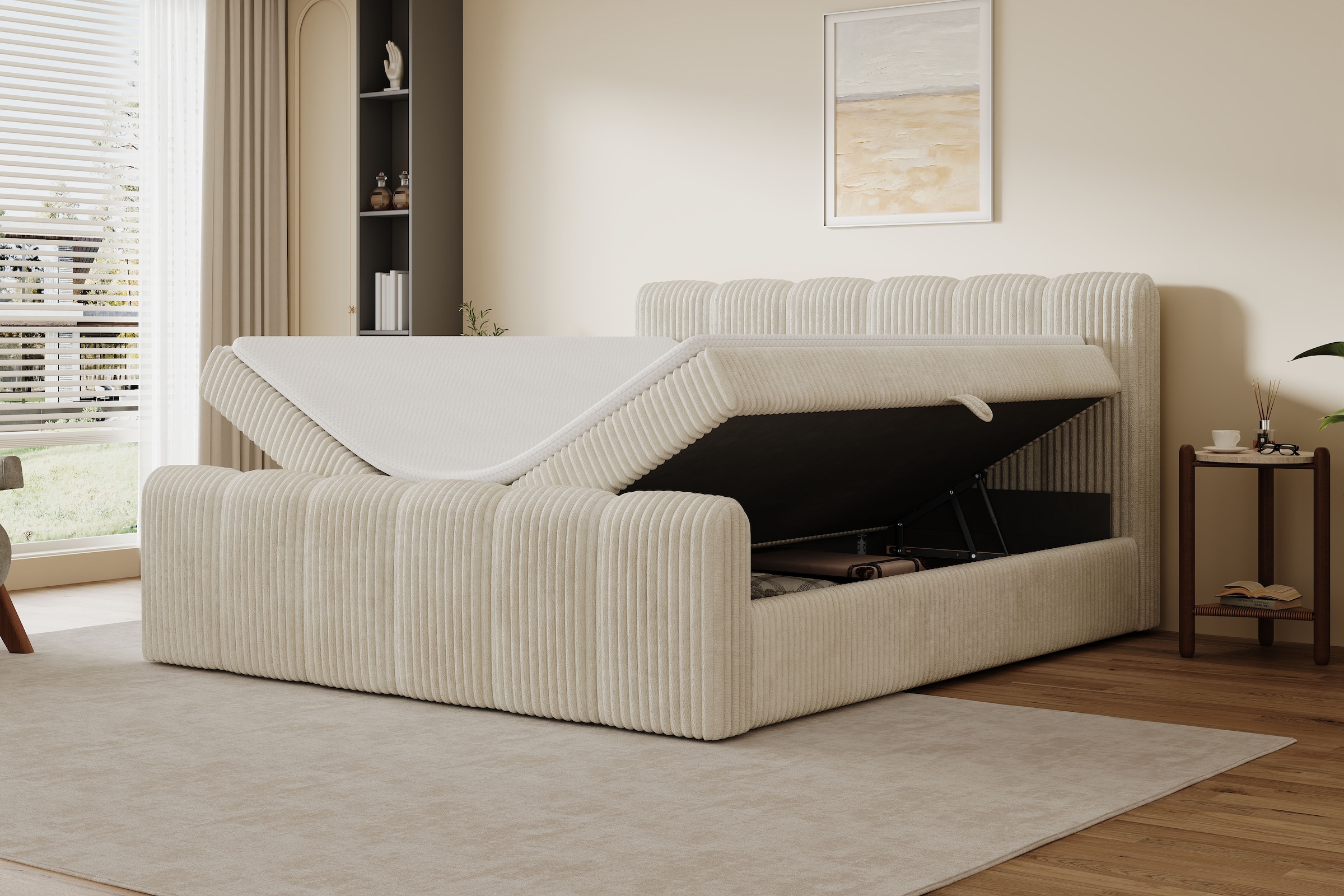 OTTO home Boxbett »SIVVA in der Breite 180cm, flauschiger Breitcord, Farbe: cream« inkl. Taschenfederkernmatratze (H3) & Topper (4cm) & Fußteil