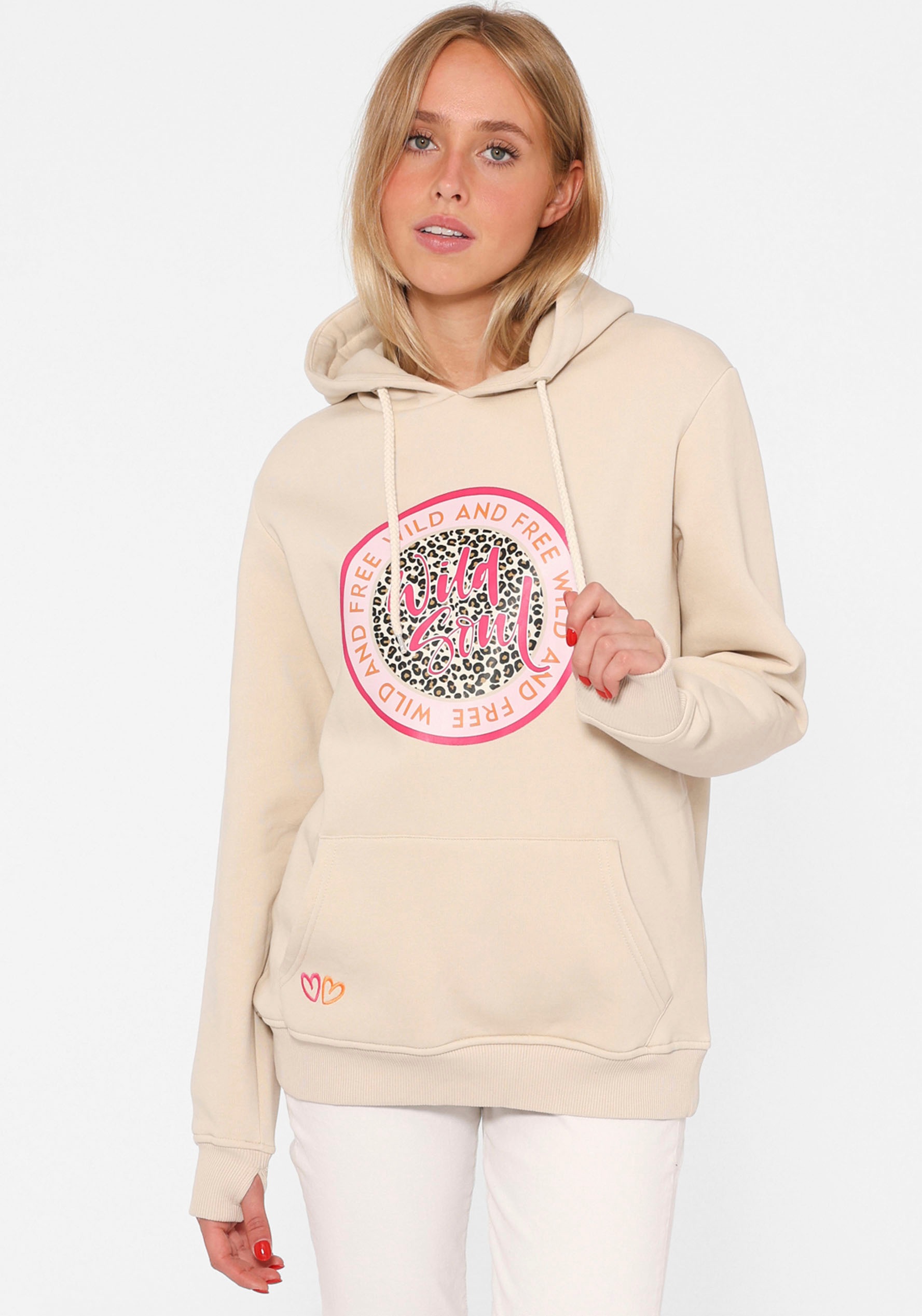 Zwillingsherz Hoodie, Langarm, Kapuze, Leo-Details, Kordelzug, Frontprint, günstig online kaufen