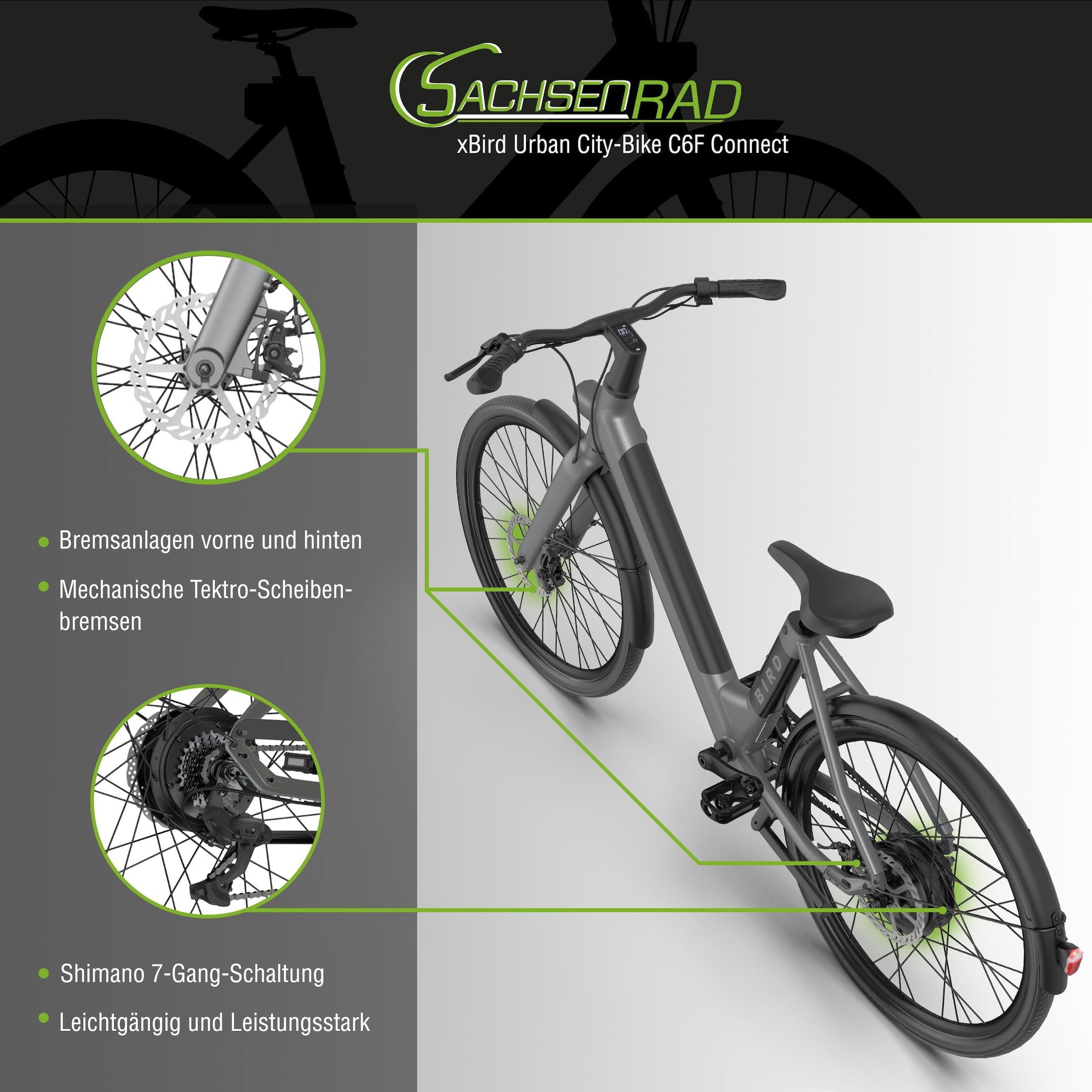 SachsenRad »SachsenRAD xBird Urban E-City-Bike C6F Connect« 7 Gang Shimano Kettenschaltung Heckmotor 250 W