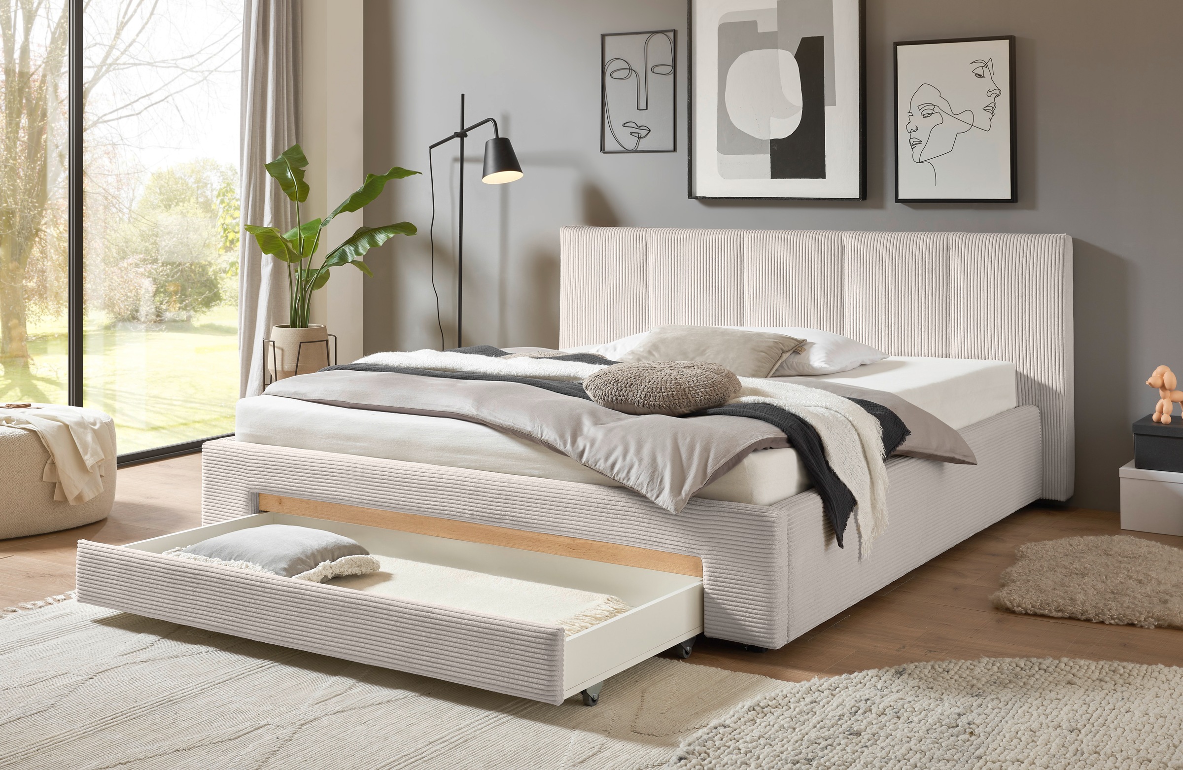 Home affaire Polsterbett »CiTY/GiRON, Bettgestell mit Bettkasten, gepolstertes Stauraumbett« mit Hundebett oder Stauraumschublade, Bezug Cord-oder Leinenoptik