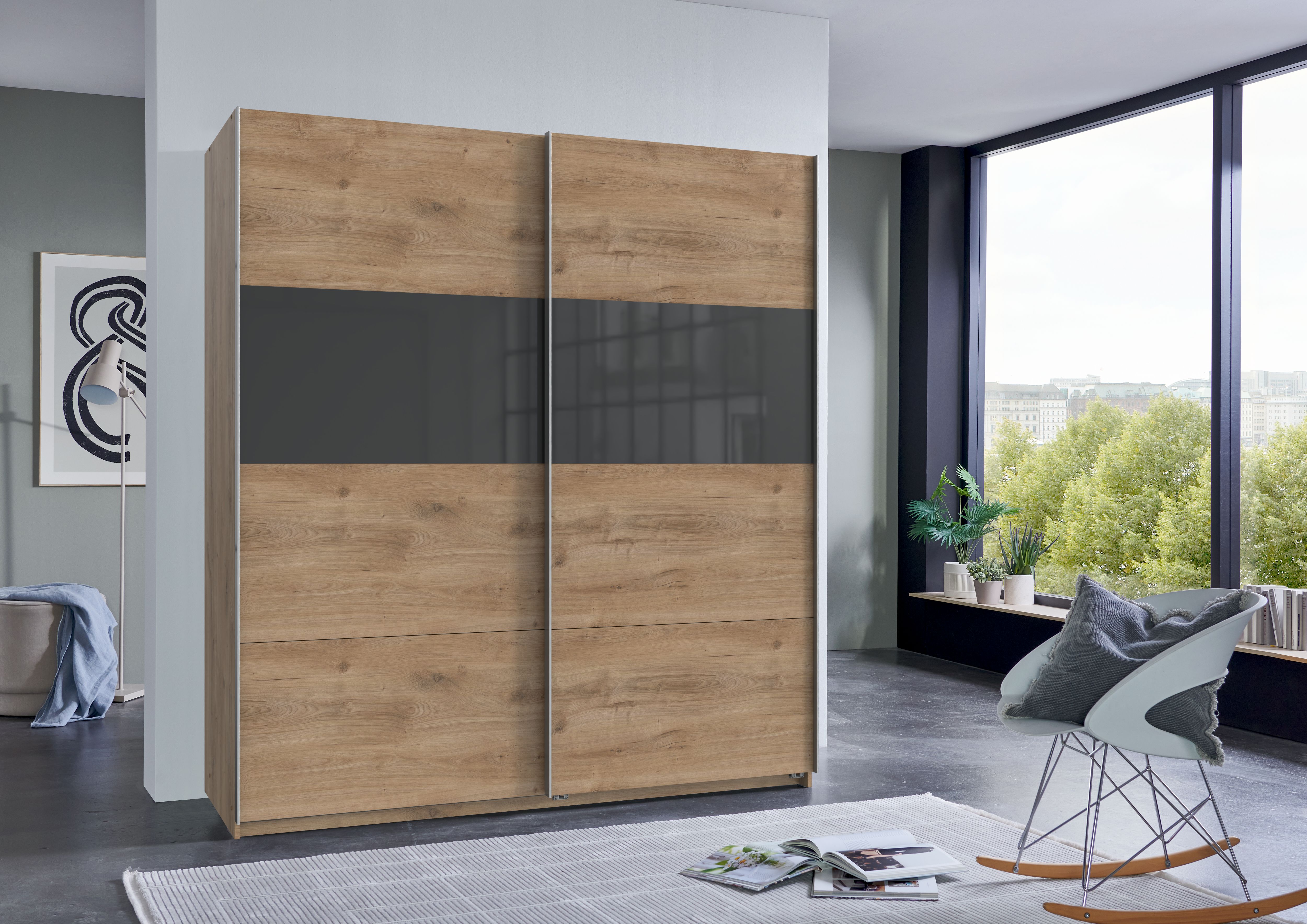 Wimex Schwebetürenschrank "Bramfeld Kleiderschrank" mit Glaselementen und zusätzlichen Einlegeböden