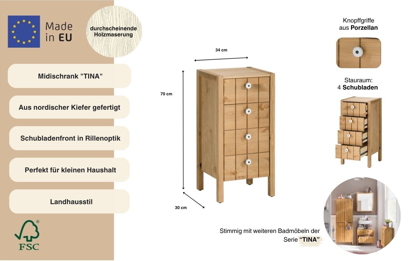 Home affaire Midischrank »Tina« Badmöbel, Kommode, Schrank, Breite 31,5 cm, Massivholz