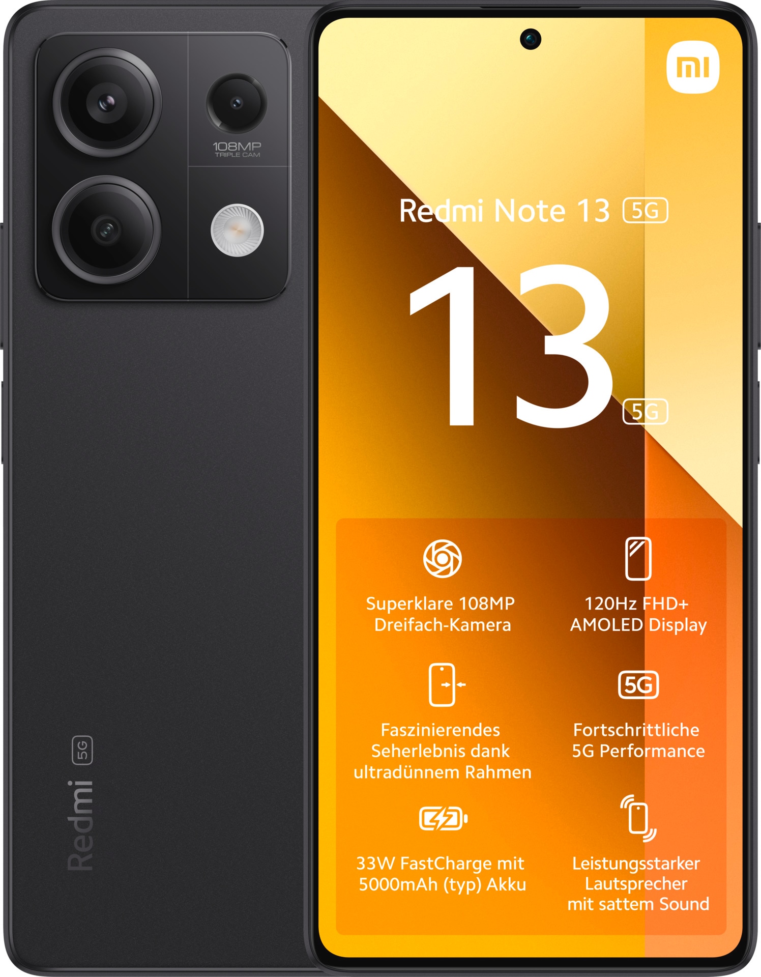 Xiaomi Smartphone »Redmi Note 13 5G 8GB+256GB«, Schwarz, 16,94 cm/6,67 Zoll, 256 GB Speicherplatz, 108 MP Kamera, 108+8+2 MP Triple Hauptkamera und 16 MP Frontkamera