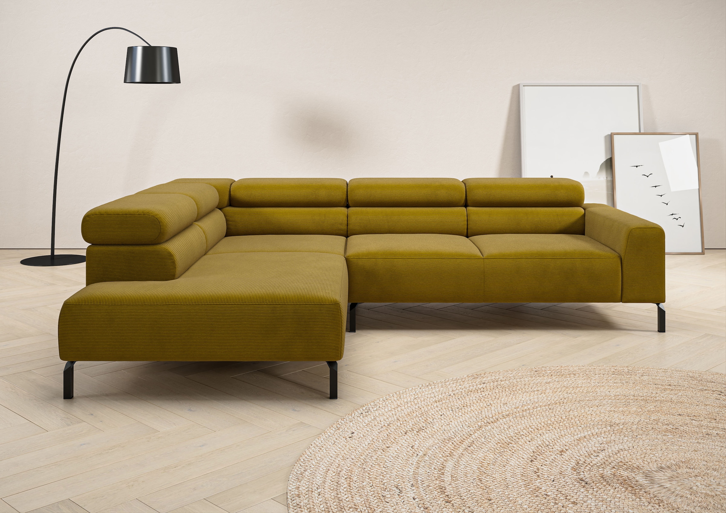 Home affaire Ecksofa "Antonelli, L-Form, inkl. Kopfteilverstellung, Breite 276 cm" ohne Sitztiefenverstellung, in Feincord, pistachio