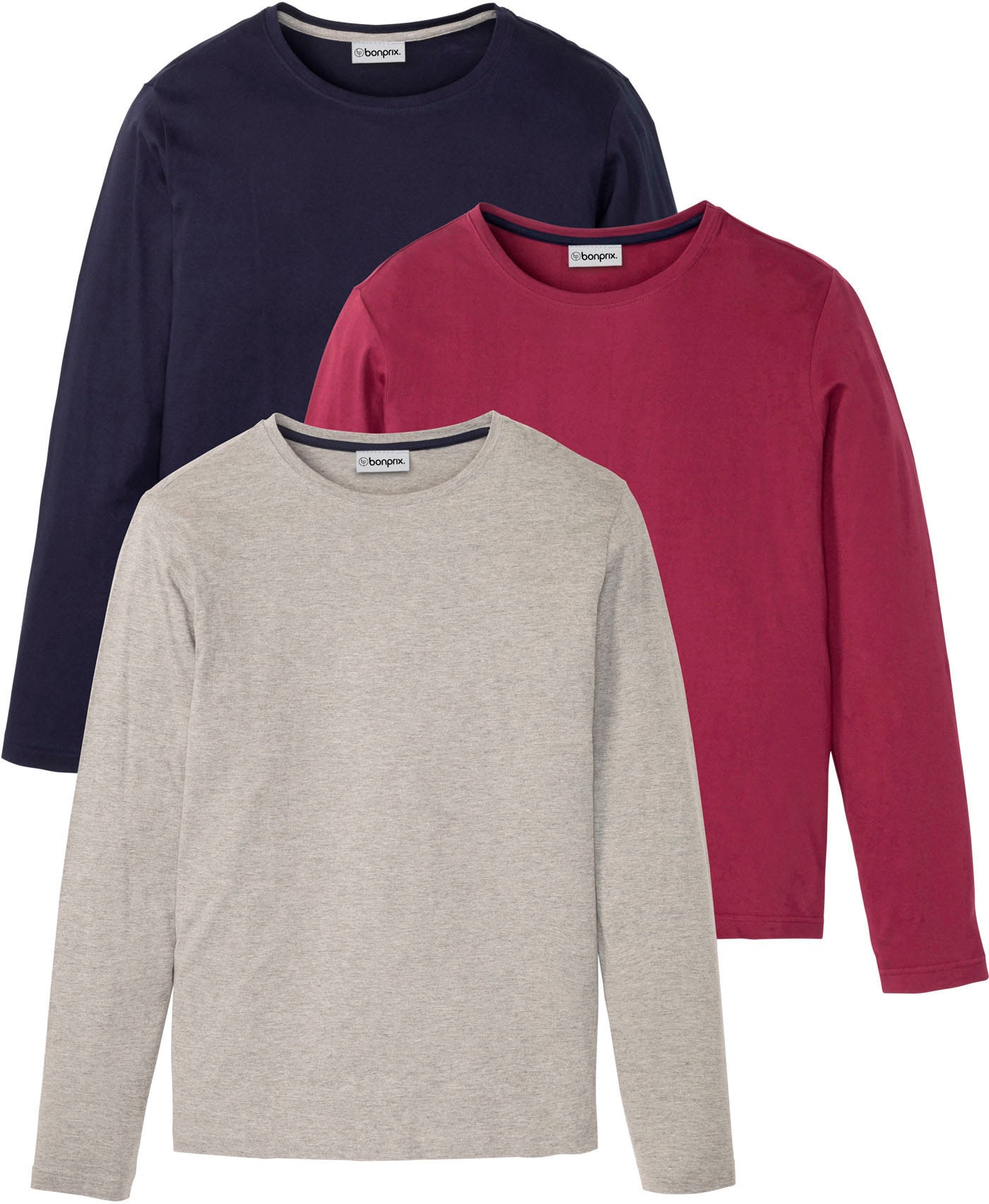 bonprix 1100000002199 "Langarmshirt (3er Pack)" Packung, 3 Stk. regular fit Passform, Rundhals-Ausschnitt, casual Stil, im 3er Pack