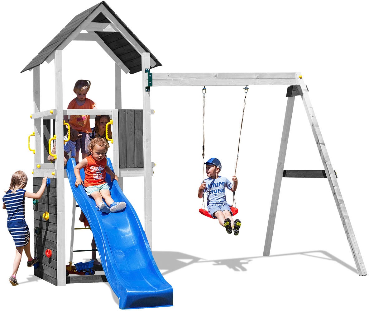 FUNGOO Spielturm »CAROL2 Grey White«, mit Schaukel & Rutsche, Kletterwand