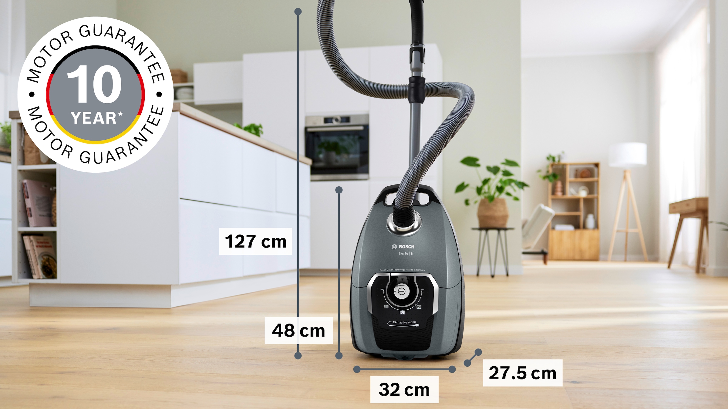 BOSCH Bodenstaubsauger »Serie 8 ProSilence, BGL75XPRQ, für Allergiker, 10 Jahre Motorgarantie«, 750 W, mit Beutel, Hygiene-Filter, Hartbodendüse, XXL-Polsterdüse, langes Kabel, grau