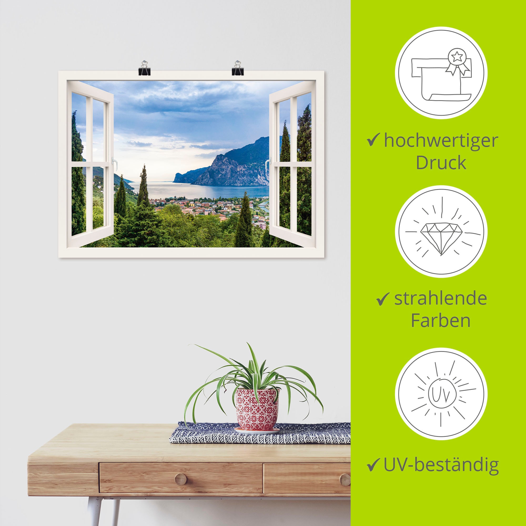 Artland Wandbild »Gardasee durchs weiße Fenster«, Seebilder, (1 St.), als Alubild, Outdoorbild, Leinwandbild, Poster, Wandaufkleber