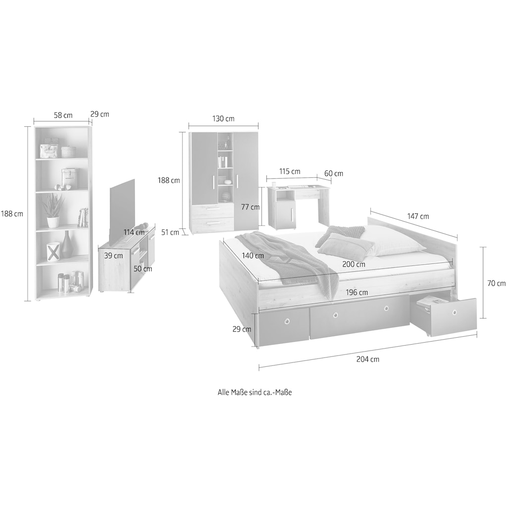 arthur berndt Jugendzimmer-Set »Alessio«, (Set, 6 St., Kleiderschrank, Bett mit Schubkasten, Schreibtisch, Bücherregal etc.)