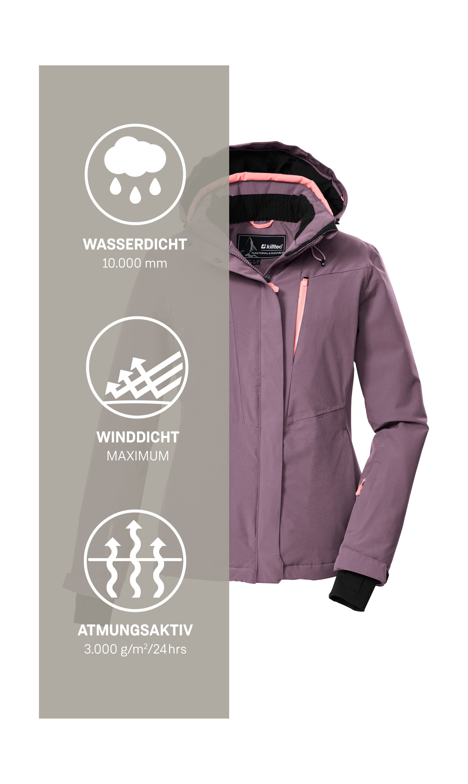 Killtec Skijacke »KSW 25 WMN SKI JCKT«, Atmungsaktive, wasserdichte Skijacke mit abnehmbarer Kapuze