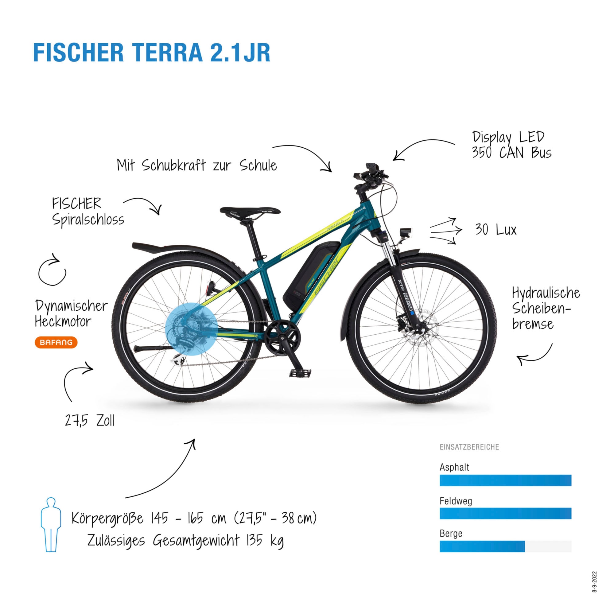 FISCHER Fahrrad E-Bike »TERRA 2.1 Junior 422«, 8 Gang, Pedelec