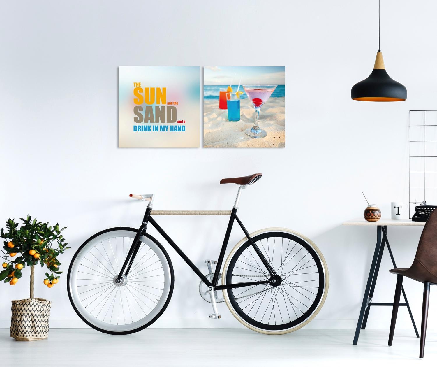 queence Leinwandbild »Sun & Sand«, Getränke-Strand-Strandbilder-Meer-Meer Bilder-Kunst-Modern-Spa-Spa Bilder-Sprüche-Sprüche & Texte-Schriftzug-Schriftzüge, (Set), Premium-Leinwandstoff, Handarbeit aus Deutschland, Spruch, 2er Set