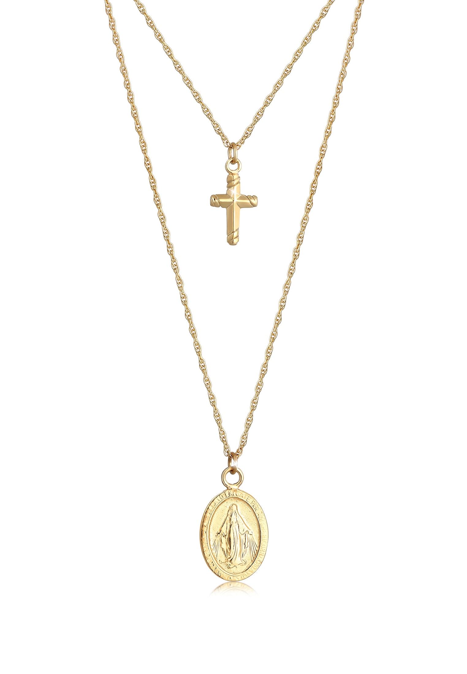 "Silberkette ELLI ""Halskette Layer Kreuz Marienbild 925 Sterling Silber"" Gr. 40, gold, Halsketten, Damen, Silber 925 (Sterlingsilber), Silberkette"