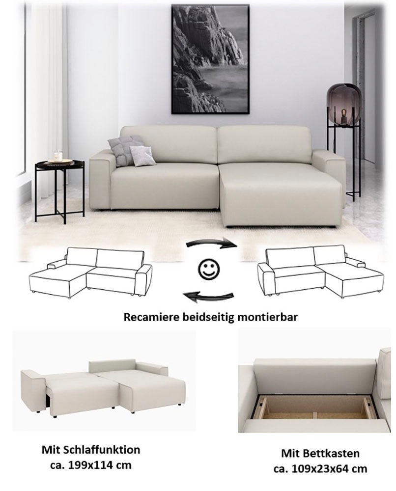 Thumbnail - Home affaire Ecksofa "Chance, Recamiere beidseitig montierbar, Schlaffunktion, Breite 265 cm" in Struktur LUMOS, mit Sch...