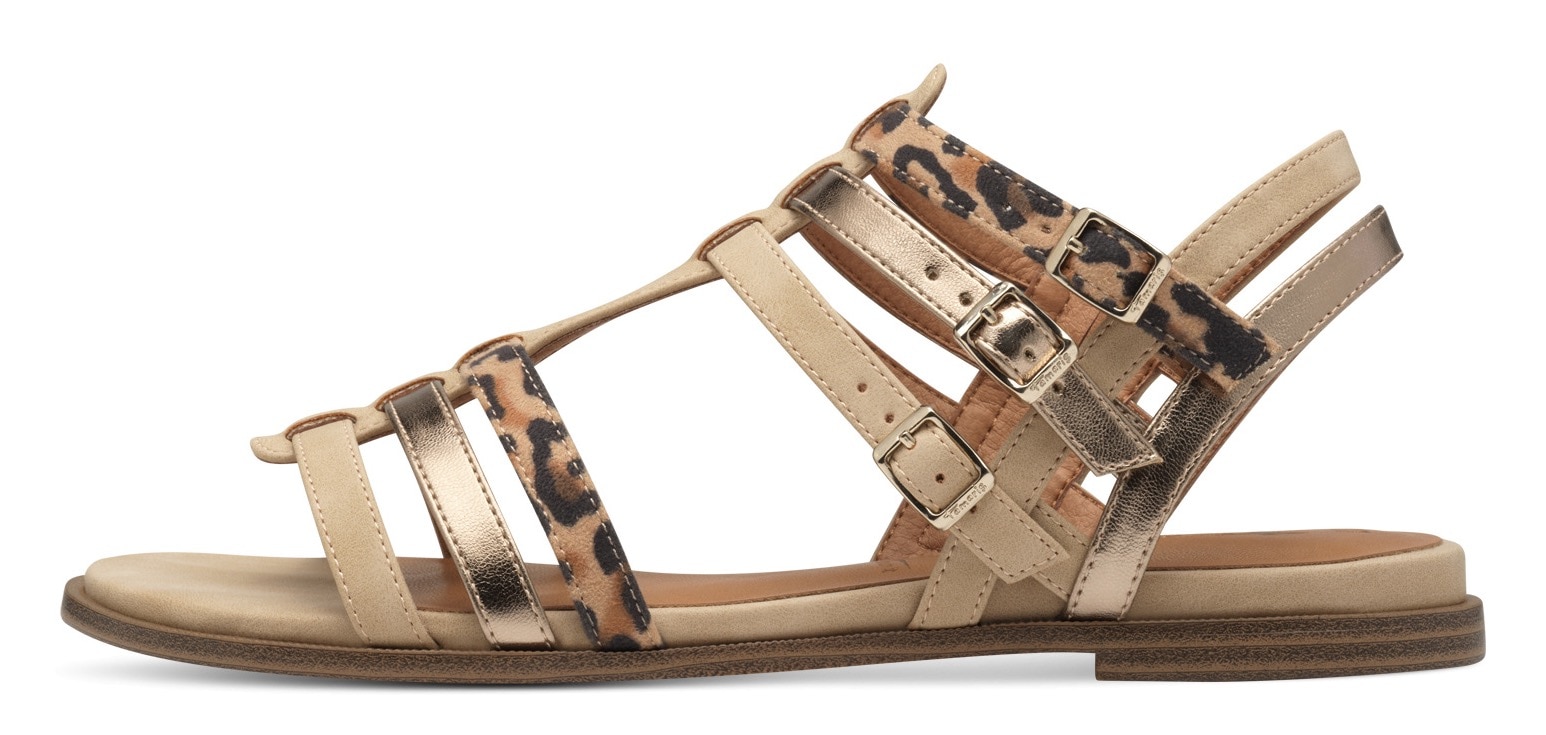 Tamaris Riemchensandale, Sandalette, Sommerschuh mit Besatz in Leo- und Metallicoptik