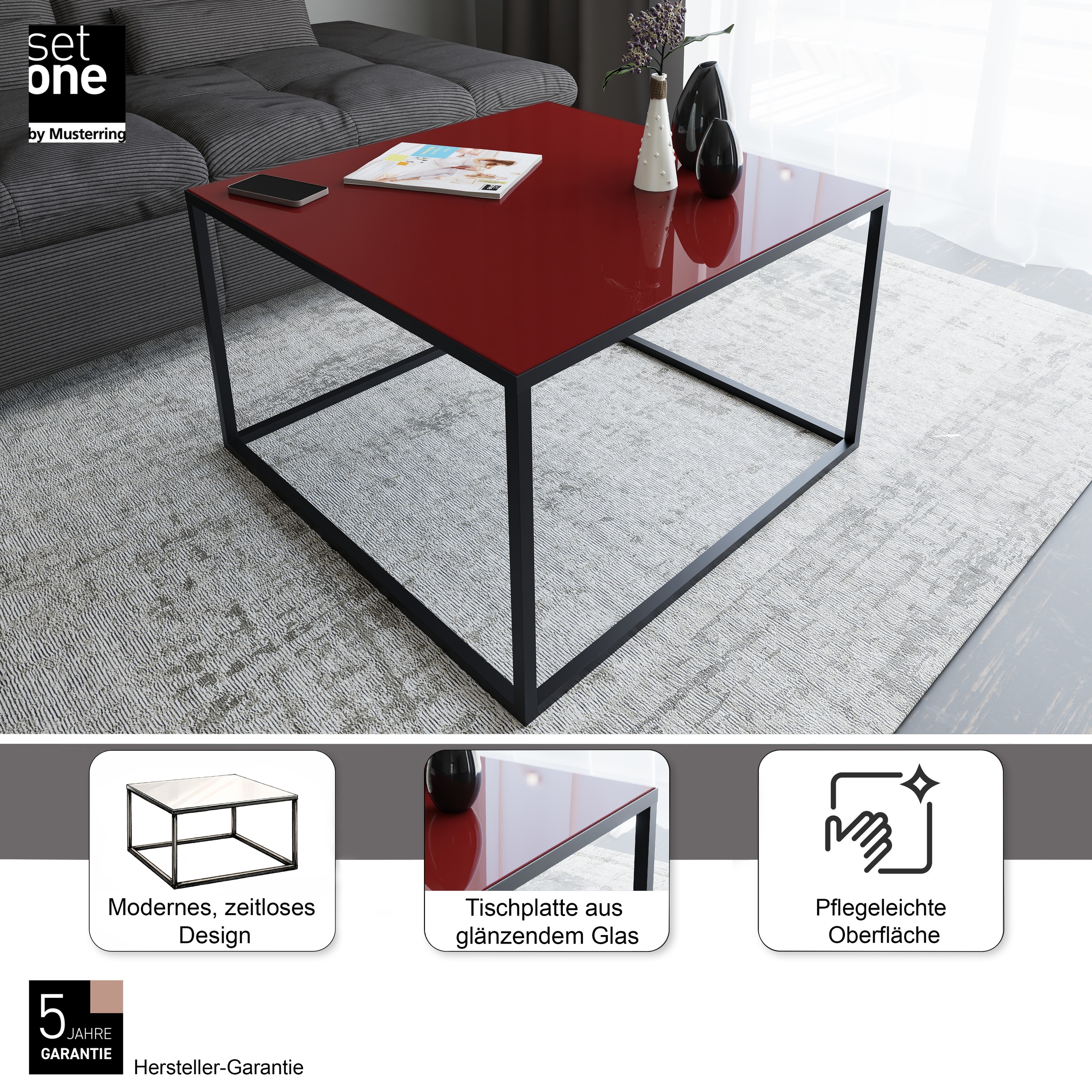 Couchtisch "Reno", graphit schwarz, glas bordeauxrot glanz, graphit schwarz, glas bordeauxrot glanz, B:80cm H:50cm T:80cm, SET ONE BY MUSTERRING, Tische, Couchtisch, Maße (BxHxT in cm) 80 x 50 x 80 2