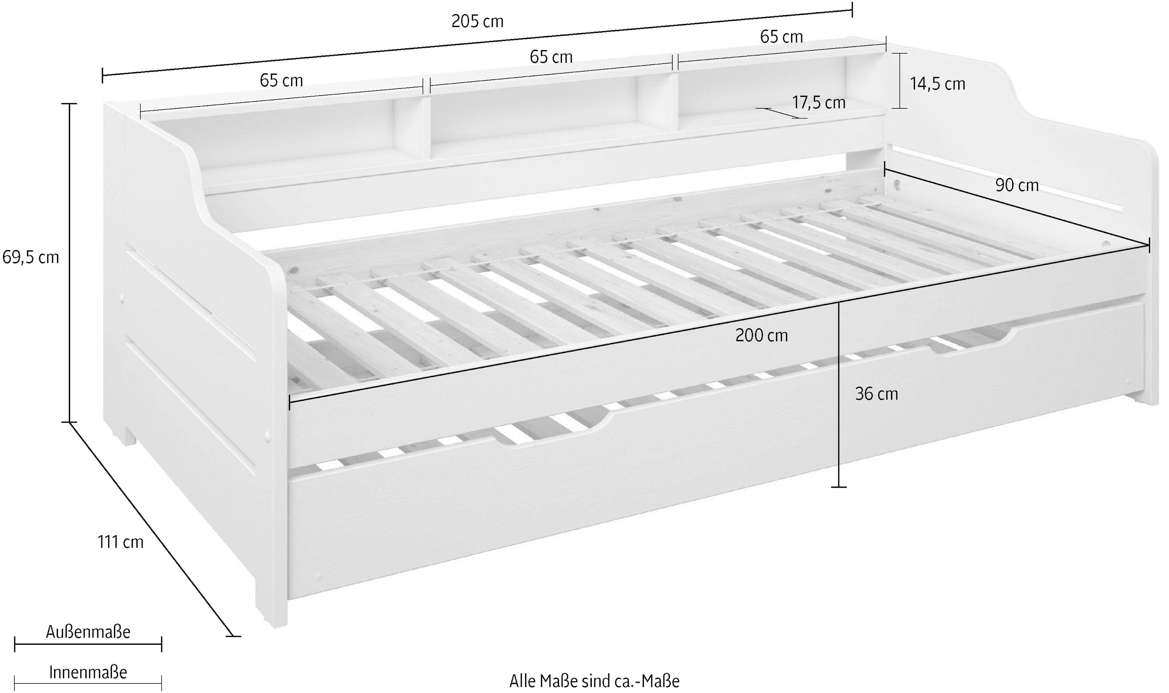 Home affaire Daybett »"REETE1", Stauraum, Funktionsbett, Kinderbett, inklusive Schubkasten«, (90x200cm, 2 Schlafplätze), mit Regalen, FSC® zertifiziertes Massivholz (Kiefer), Landhausstil